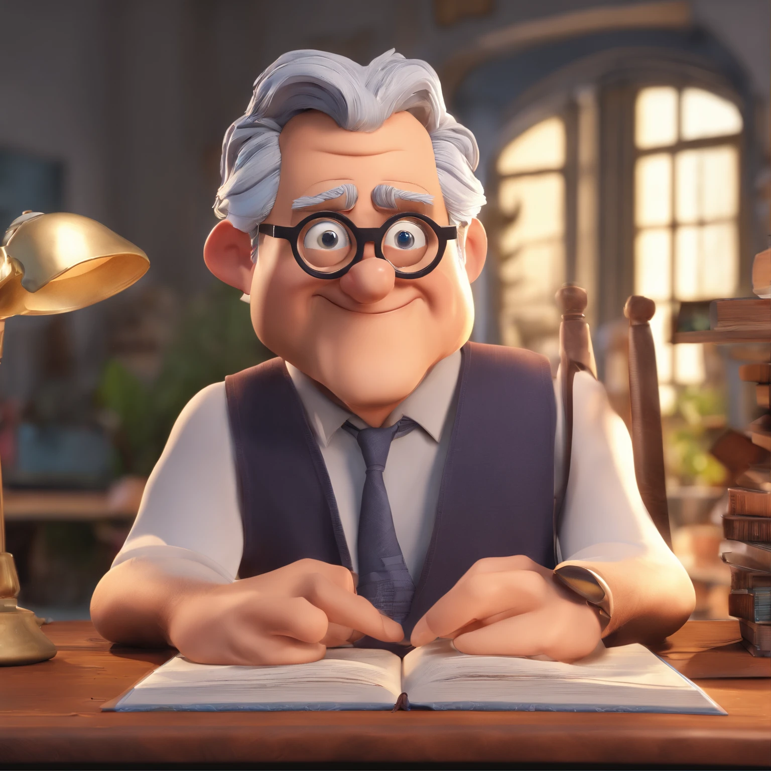 Crie um cartaz inspirado na Disney Pixar com o personagem sendo o pastor Rubens Janier, A gray-haired man wearing glasses, in an office with a Bible on the table, Looking forward and serious