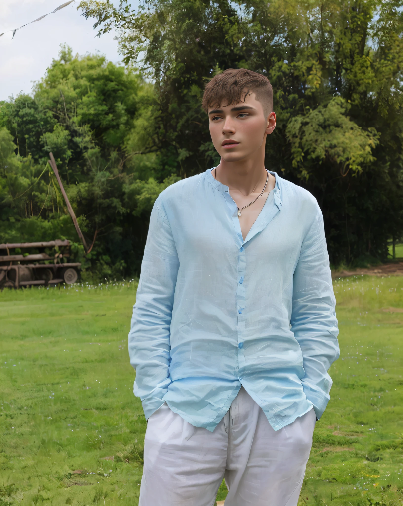 arafed man standing in a field with a frisbee in his hand, wearing a linen shirt, wearing a light blue shirt, wearing a light shirt, summer shirt, tommy 1 6 years old, dmitry prozorov style, blue shirt, kacper niepokolczycki, elliot alderson, midsommar style, inspired by Edmund Greacen