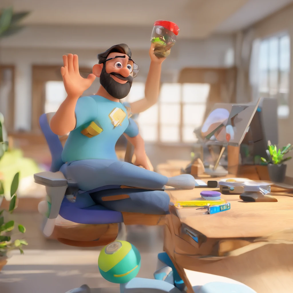 Criar um personagem no estilo Pixar. Trata-se de um homem de 30 anos, com barba, Branco, com cabelos castanhos curtos e um quiff, e olhos castanhos. Ele deve estar na frente de um computador, Trabalhar como designer