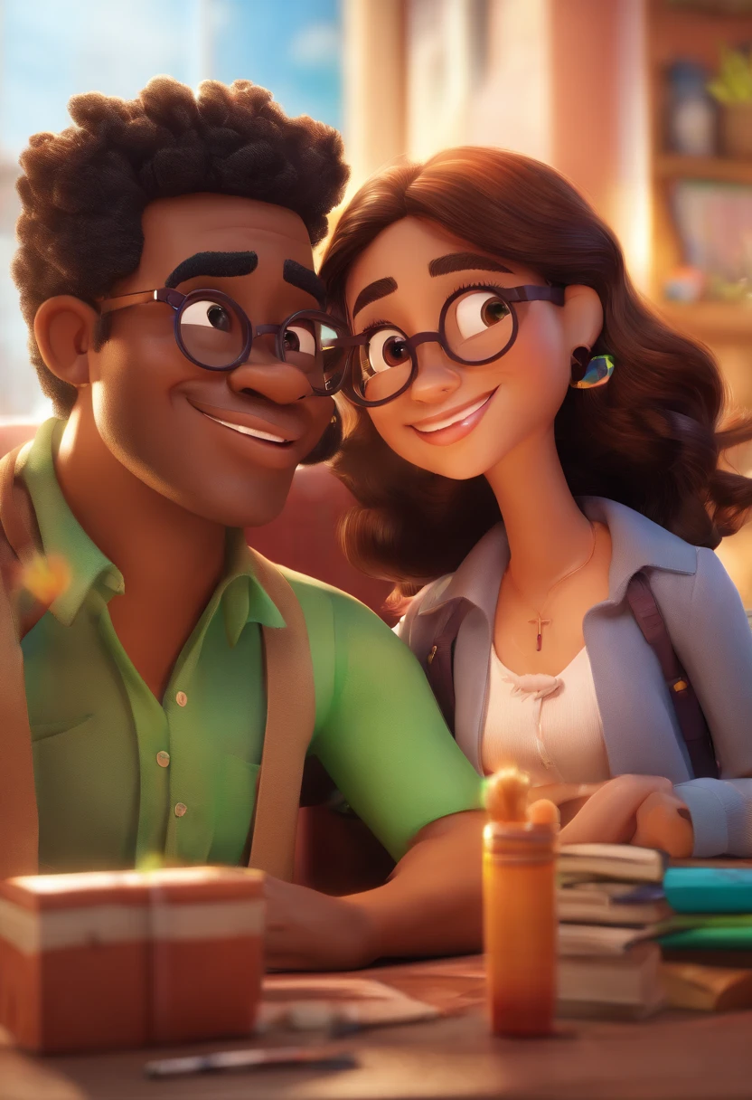 An illustration of an adorable couple, Highlight for a chubby mulatto man with smiling glasses and a white woman with beautiful green expressive eyes - the man's skin is mulatto and wearing a cap, the woman's skin is white and the woman's hair is straight and brown. They are a bright room, cada um com um sorriso no rosto, e compartilhar um momento especial caracterizado pelo amor, Insights. Illustrate this scene from a perspective where they are facing the camera, Smiling and Showing Your Connection. Desenvolva esta arte em Full HD, Focus on your cinematic touch, Estilo Disney Pixar Animations