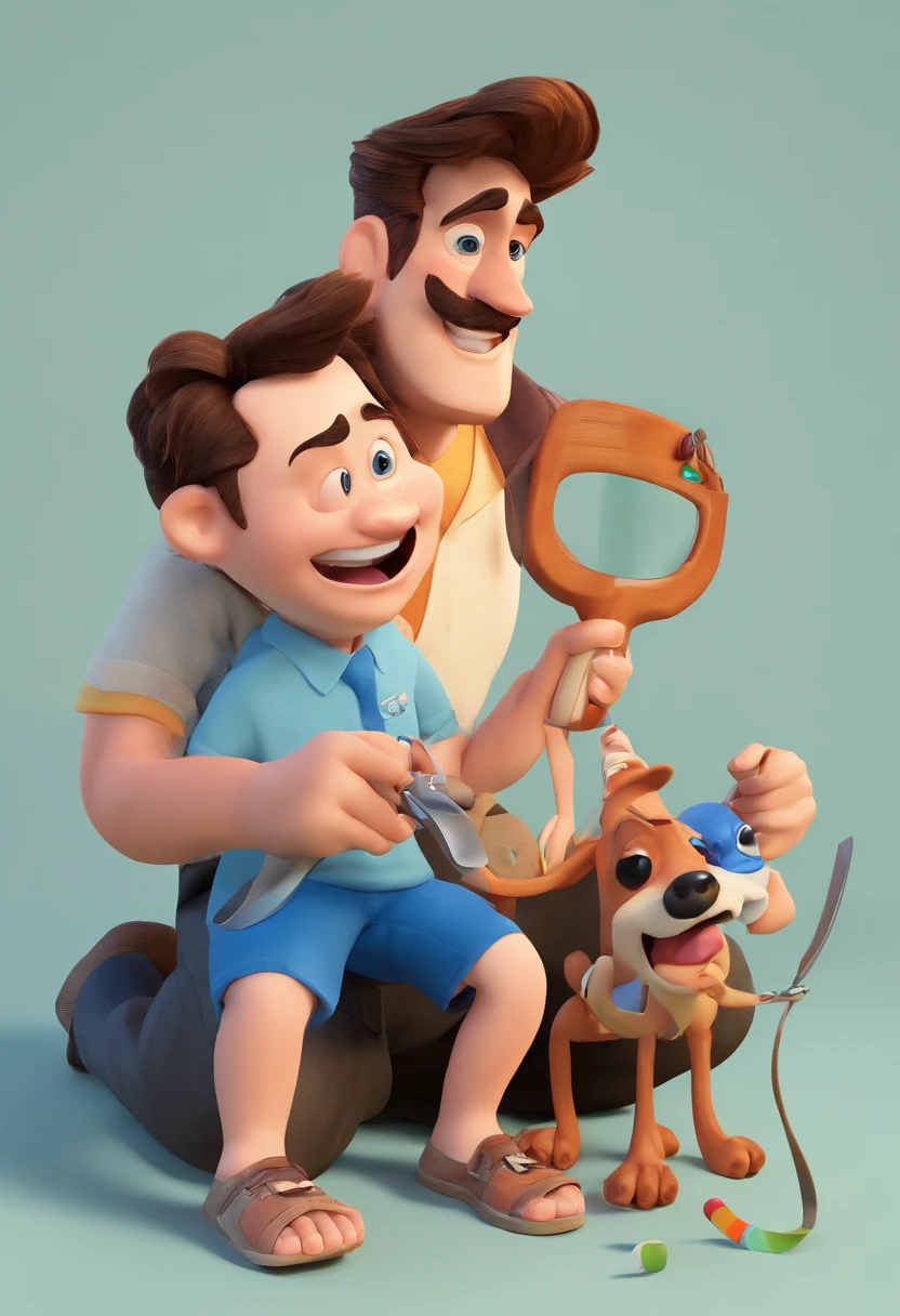 Estilo Pixar: The grown man is holding a naked blue-eyed boy and in his other hand he is holding a pair of scissors and is trying to cut off the boy's testicles,3D Poster,Disney