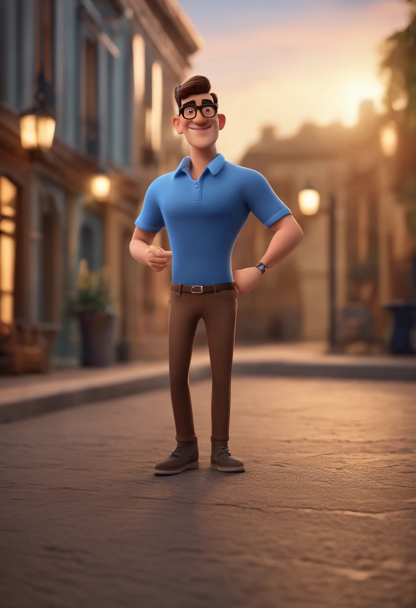 Cartoon character of a man with black glasses and a blue shirt, animation character, Caractere estilizado, animation style rendering, 3D estilizado, Arnold Maya render, 3 d render stylized, toon render keyshot, Personagem 3D, Personagem 3D, 3d rendering stylized, 3 d character render, personagem de desenho animado, Personagem de close up, Pose de personagem,  (Estilo Pixar) (master part:1.2) (Bokeh) (best quality) (pele detalhada) (textura detalhada) (8k) (argila) (Cinematic lighting) (foco nítido