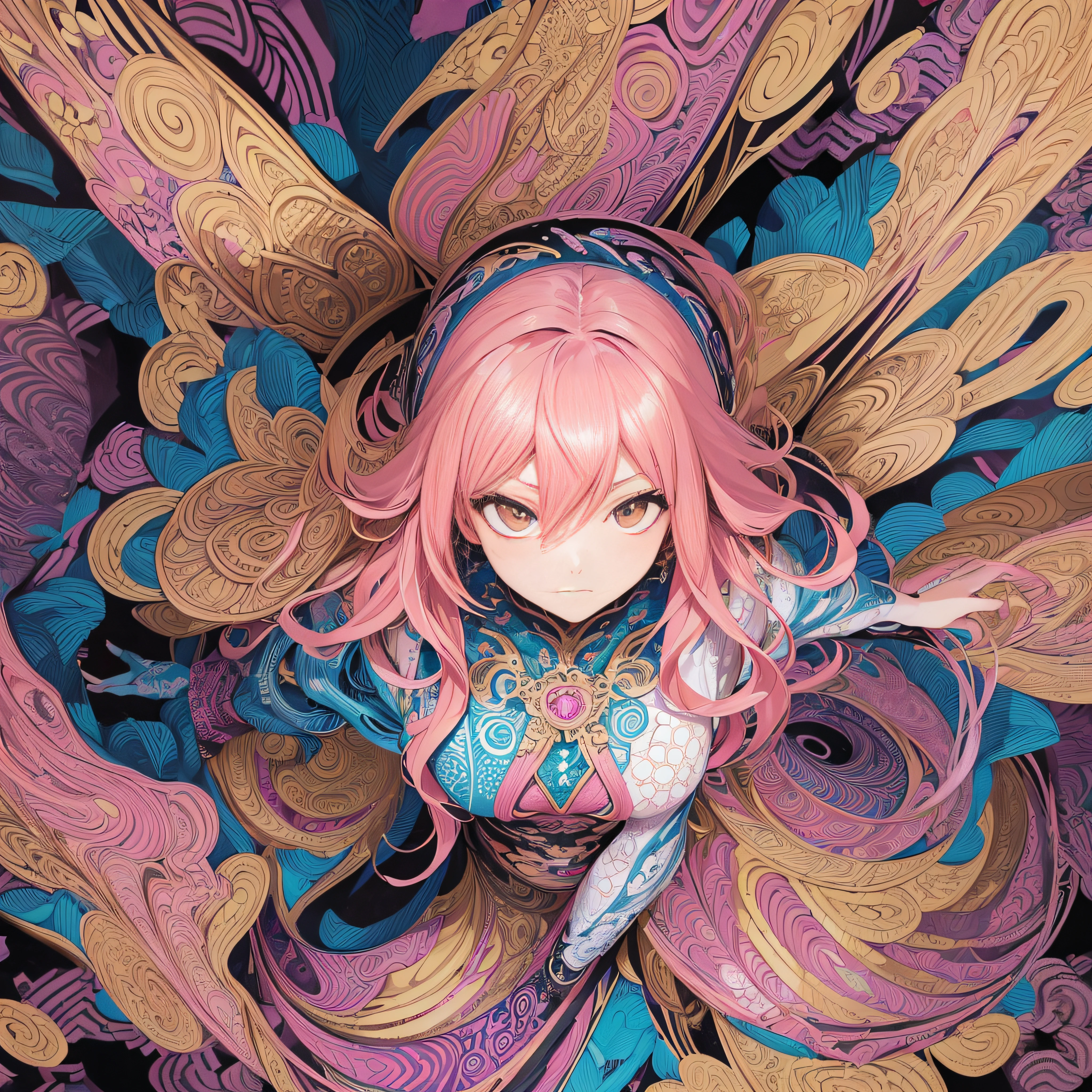((masutepiece:1.2, Best Quality)), ultra-detailliert, Ultra-precise depiction, Ultra-detailed depiction, (Zentangle:1.2), (Dynamic Pose), (Abstract background:1.5), Wavy long hair, pink there, 1girl in, Colorful, Portrait, (From above:1.2) --auto