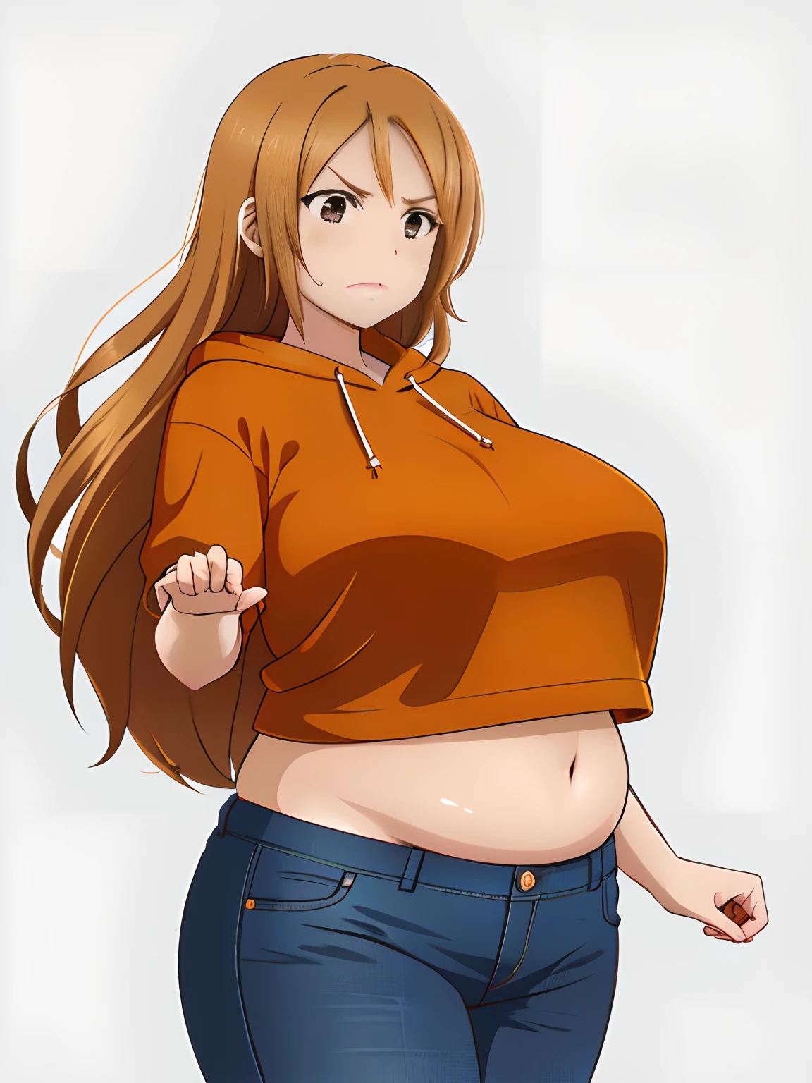 (8K, Best Quality, masutepiece:1.2), high-definition RAW color photography,Cinematic Light, 18〜28 year old, Very cute, , Real Human Skin, (Detailed face), oval-face, 超A high resolution, chubby (Medium - Large Chest,:1.37, ), (Lifter Gloss, Eyelashes, gloss-face, Best Quality, 超A high resolution, Broad warm lighting, Natural Shading), Brown fine hair, (jeans and orange hoodie:1.3), Cowboy Shot:1.3, Centered image, (((Huge sagging breasts :1.6))), angry eyebrows, midriff peek, chubby middle, belly_overhang