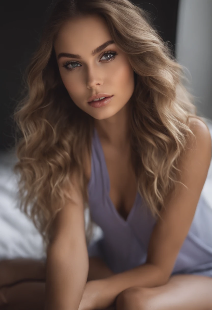 Arafed woman completely , fille sexy aux yeux bleus, ultra realist, Meticulously detailed, Portrait Sophie Mudd, cheveux blonds et grands yeux, selfie of a young woman, Yeux de chambre, Violet Myers, sans maquillage, maquillage naturel, looking straight at camera, Visage avec Artgram, Maquillage subtil, Great photo of the whole body kneeling on the bed, grandes hanches, Very large bust, dans la chambre, Dressed in sportswear, holding a phone