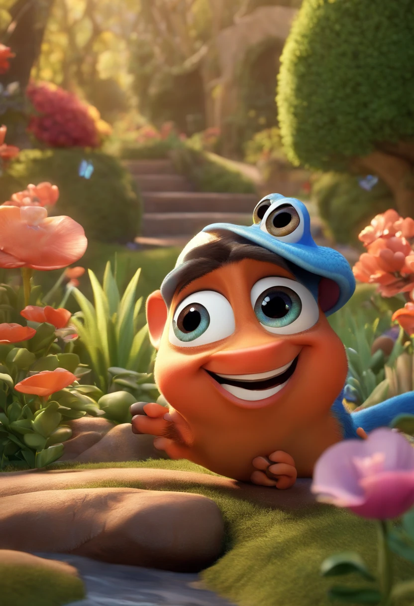 Create a Disney PIXAR-style 3D poster. They're happy and ((tudo isso no estilo Disney PIXAR 3D, In the scenery, A garden is full of nature 3D renders, soft lighting, linhas suaves, Spring tilt, Detailed illustrations of PIXAR 3D, Detalhes hiper-realistas, cor quente no estilo Disney PIXAR 3D))