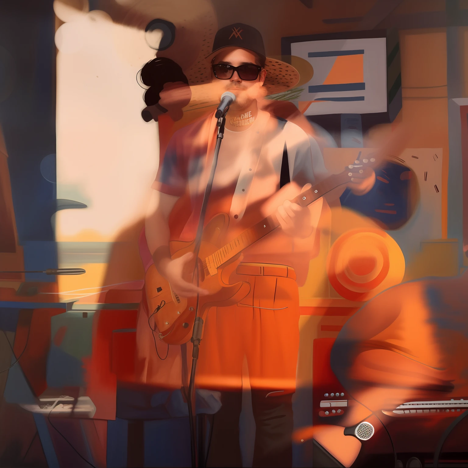 There's a man who's playing guitar in front of a microphone, Album art, Executar, tocando guitarra no palco, Apresentando-se no palco, album, Directed by: Robbie Trevino, Joel Torres, foto do concerto, Alex Flores, 🐿🍸🍋, nostalgic vibes, Directed by: Byron Galvez, live performance, Josh Grover, Asher Duran, explosions in the background, banda, Liam
