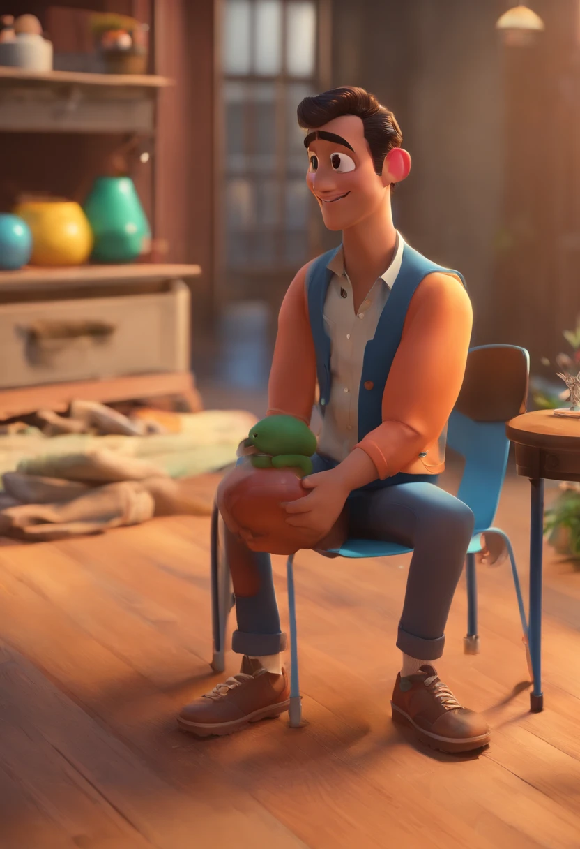 - the man's skin is mulatto and the man's hair has while and brown hair. Are a room to share a special moment , Insights. Ilustre essa cena de uma perspectiva , Sorrindo e mostrando sua alegria . Desenvolva esta arte em Full HD, Focus on your cinematic touch, Estilo Disney Pixar Animations