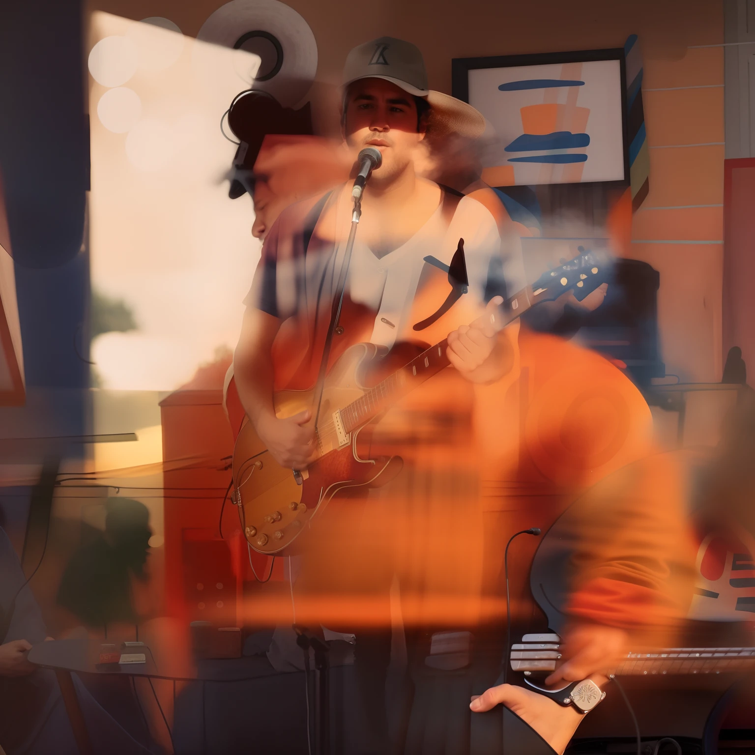 There's a man who's playing guitar in front of a microphone, Album art, Executar, tocando guitarra no palco, Apresentando-se no palco, album, Directed by: Robbie Trevino, Joel Torres, foto do concerto, Alex Flores, 🐿🍸🍋, nostalgic vibes, Directed by: Byron Galvez, live performance, Josh Grover, Asher Duran, explosions in the background, banda, Liam