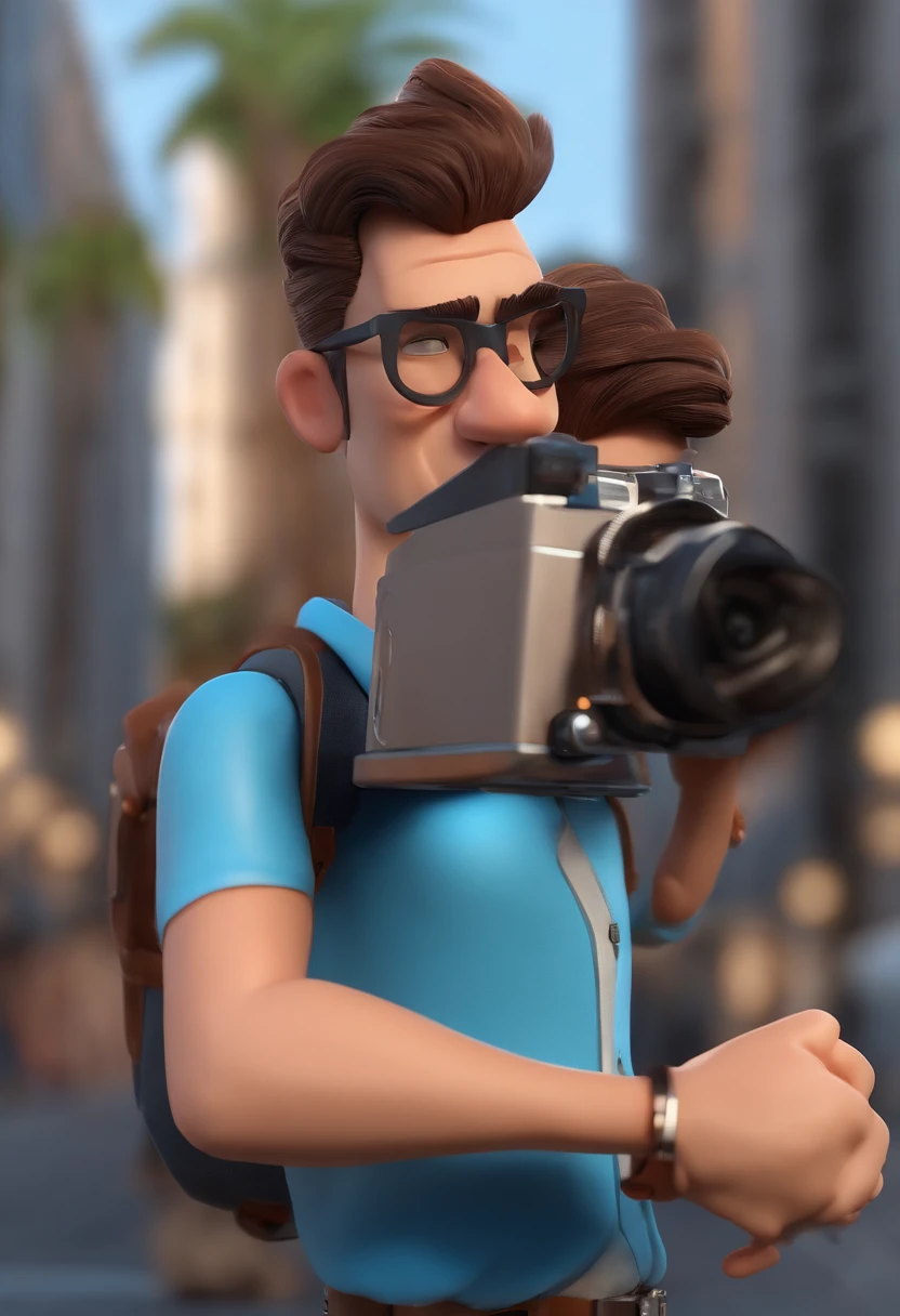 Cartoon character of a man wearing black glasses and a blue shirt, barba, pele morena, cabelo curto, holding a camera, um kimono escorado no ombro do personagem, um personagem animado, Caractere estilizado, animation style rendering, 3D estilizado, Arnold Maya render, 3 d render stylized, toon render keyshot, Personagem 3D, Personagem 3D, 3d rendering stylized, 3 d character render, personagem de desenho animado, Personagem de close up, Pose de personagem, (Estilo Pixar) (master part:1.2) (Bokeh) (best quality) (pele detalhada) (textura detalhada) (8k) (argila) (Cinematic lighting) (foco nítido