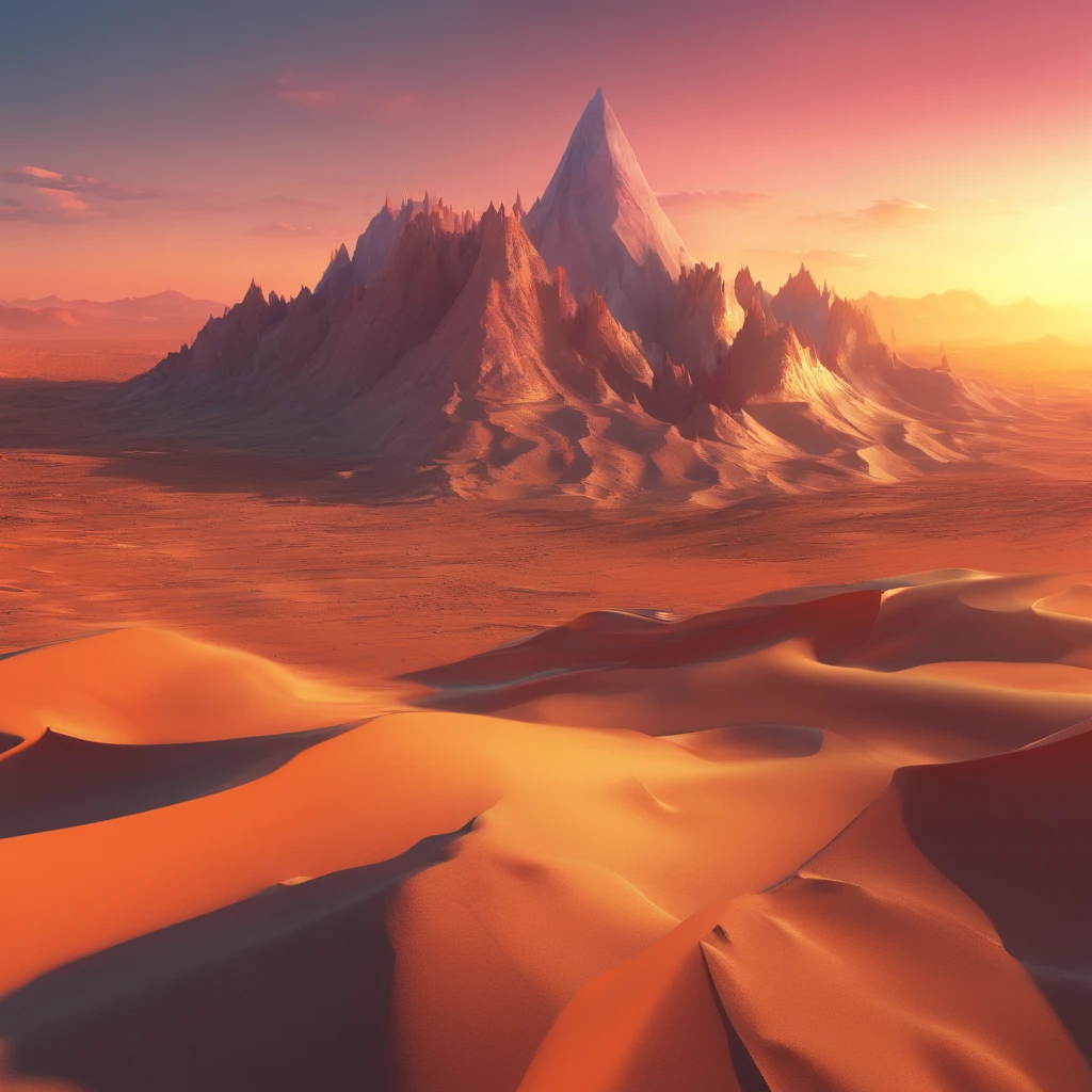Mountain at sunset, Uma cidade futurista no deserto como pano de fundo, nuvens baixas cobrem a montanha, Realistic+Detalhes intrincados, roupas coloridas, Corpos inteiros, 16k.