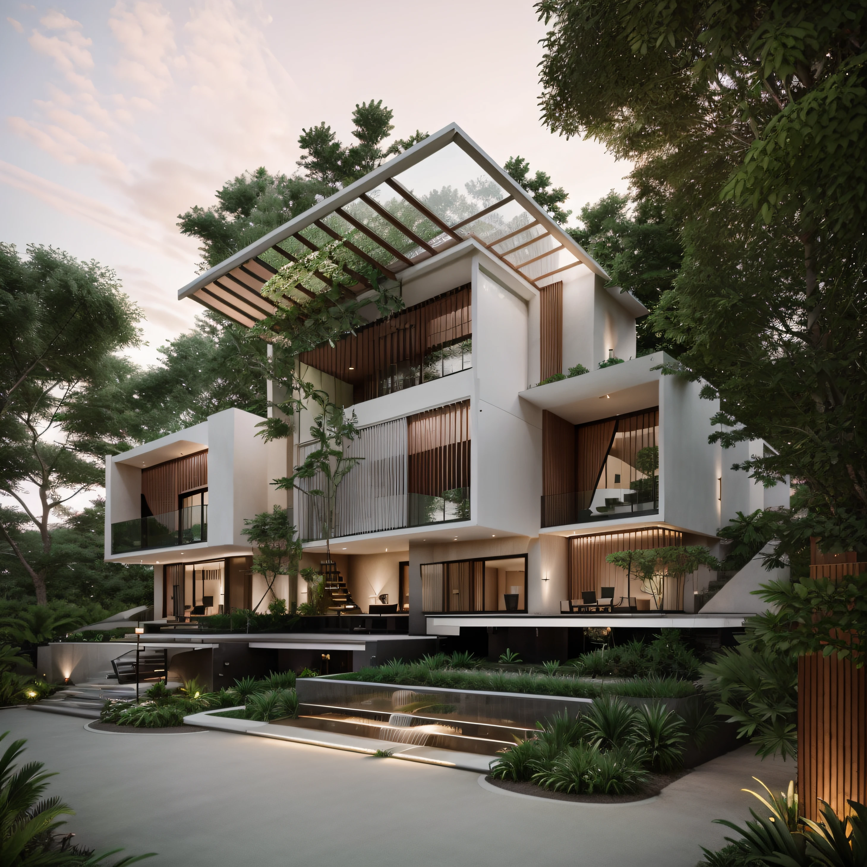 A modern construction for a house in a luxury condominium, Contemporary architecture The look is beautiful with supporting pillars, Acabamento Brisa, Wooded area with trees behind the building, ultra realistic, detalhes intrincados, cinematic lights, 8k