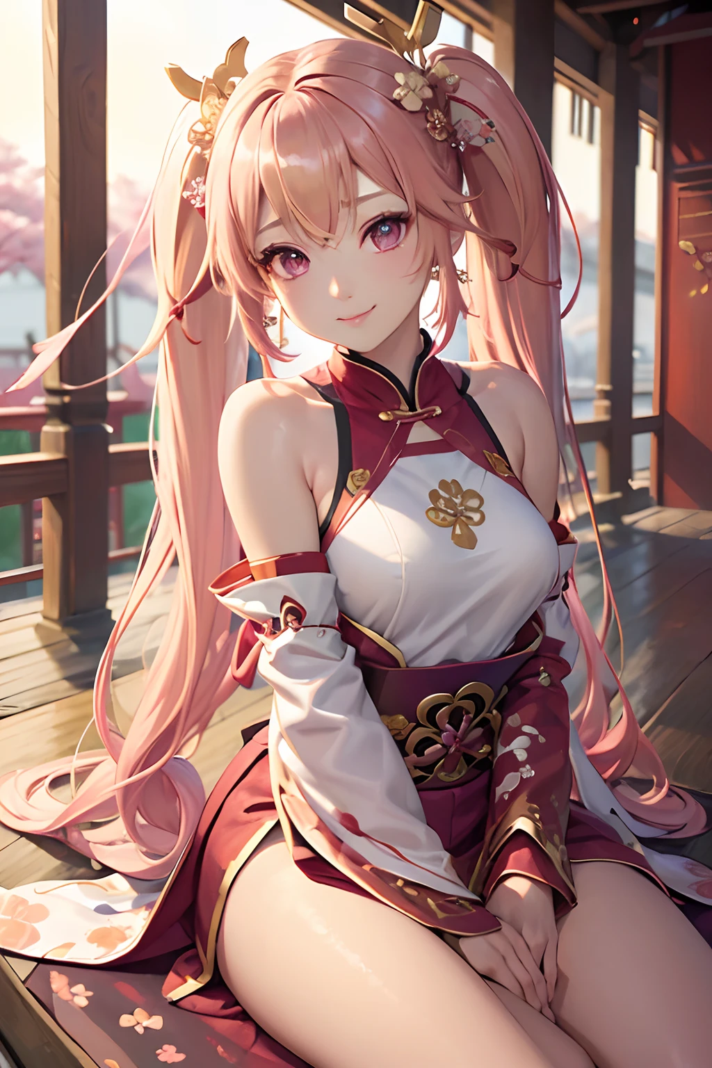 1girl in, (ulzzang-6500:0.7), Kpop Idol, Yae Miko, Detached sleeves, Bare shoulders, Pink hair, Long hair, komono, Best Quality, (Painting:1.5), (Hair Ornament:1.35), Jewelry, Purple eyes, earrings, breasts, torii, cherryblossom, Lantern light, depth of fields, Detailed face, Face Focus, bow ribbon_trim, (Looking at Viewer:1.25), nontraditional miko, Shiny skin, Long sleeves, Smile, thick lips, Game CG, Hands on lips, East Asian Architecture, (Blurry background:1.2), Sitting, Upper body,,(((Petite girl with blonde twin tails))),,((NSFW)),((())),