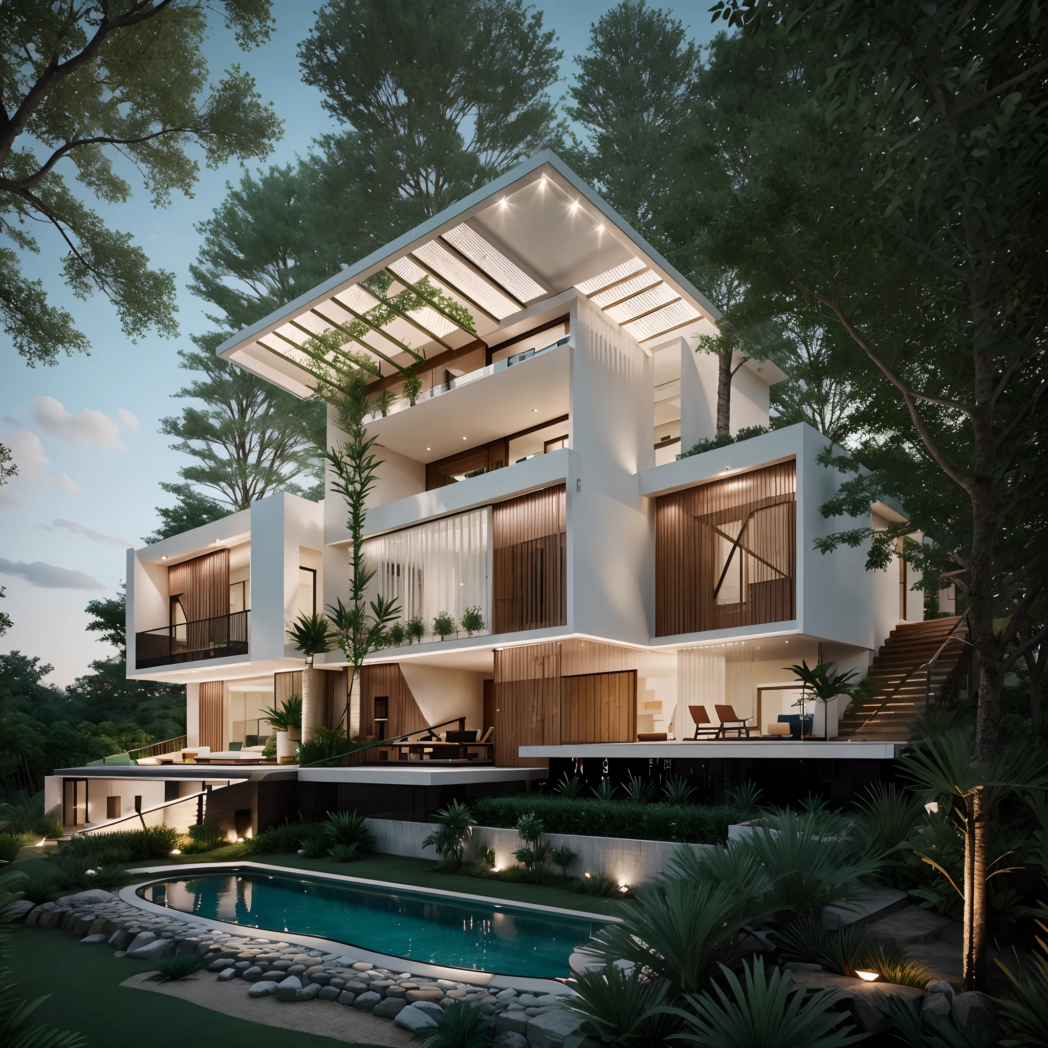 A modern construction for a house in a luxury condominium, Contemporary architecture The look is beautiful with supporting pillars, Acabamento Brisa, Wooded area with trees behind the building, ultra realistic, detalhes intrincados, cinematic lights, 8k