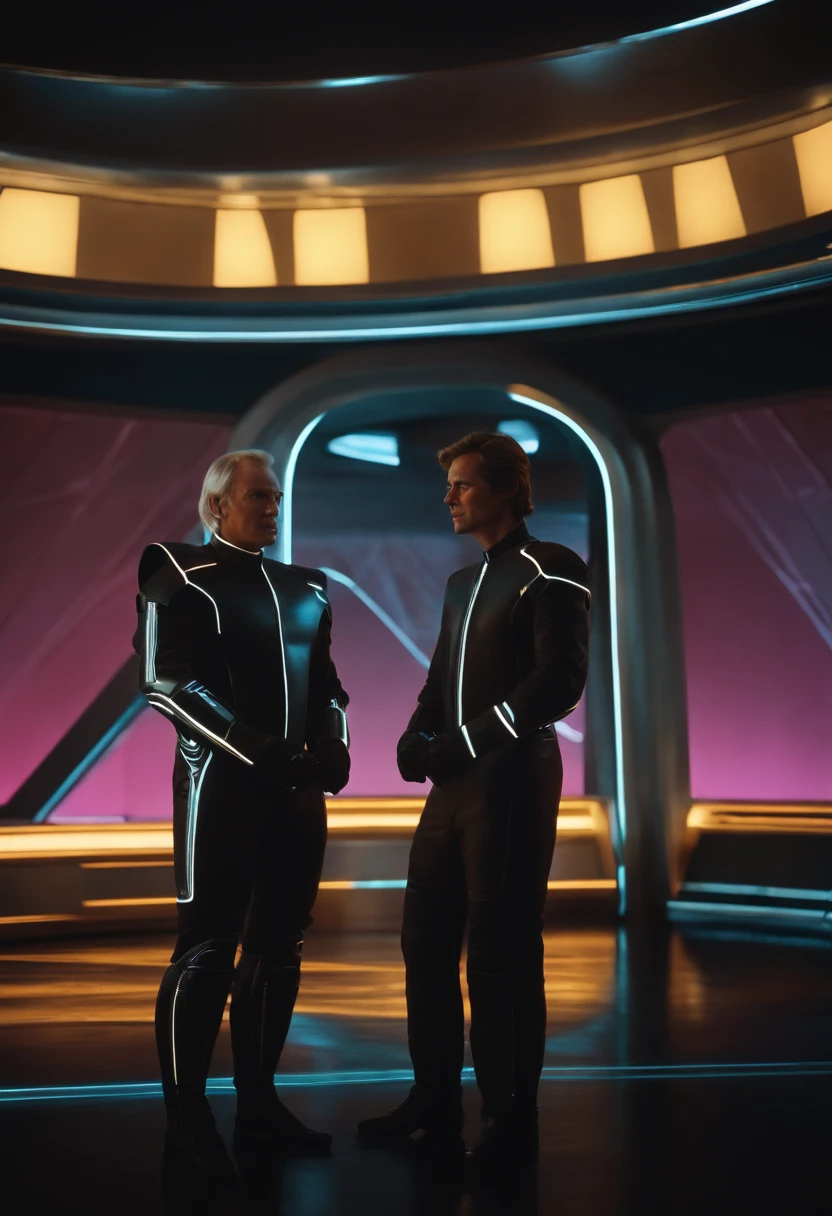A closeup of two people in futuristic outfits standing next to each other, trono, Cores do Tron Legacy, 1 9 8 0's sci - estilo fi, 1 9 8 0 s sci - science fiction film, Legado Tron, cybernetic glowing, 8 0's vintage sci - estilo fi, neon version of style jim burns, 80s science fiction, tron legacy setting