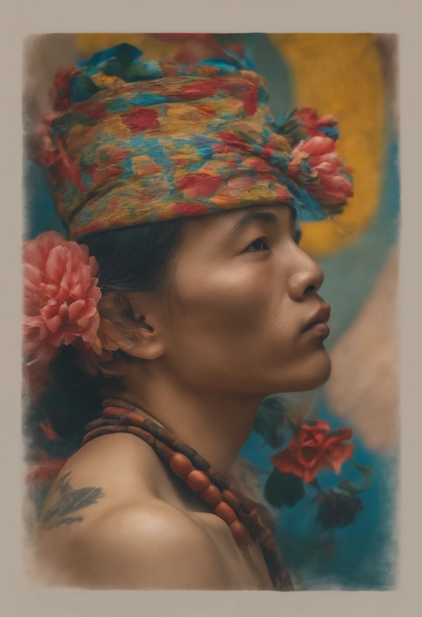 a high definition, 8k, Hyper-realistic portrait of a handsome Chinese man with tattoos, well-defined muscles, exquisite facial features, totally but wearing underwear and sneakers. The background is filled with vibrant and colorful tattoos. Use the style of a post-impressionist painter like Vincent Van Gogh or Paul Gauguin. Incluir elementos de surrealismo e hiper-realismo.