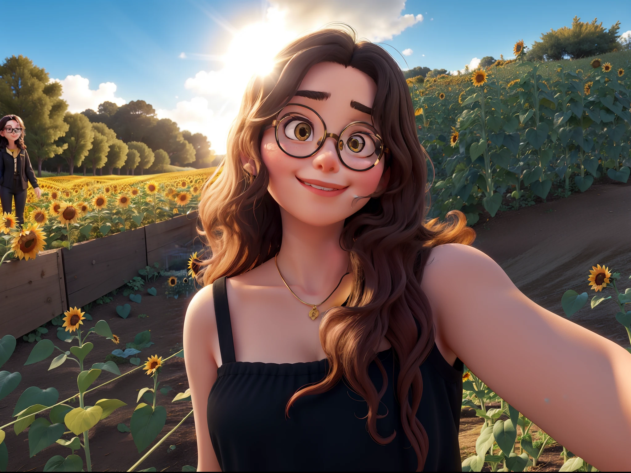 A girl in golden glasses and black clothes in a sunflower plantation