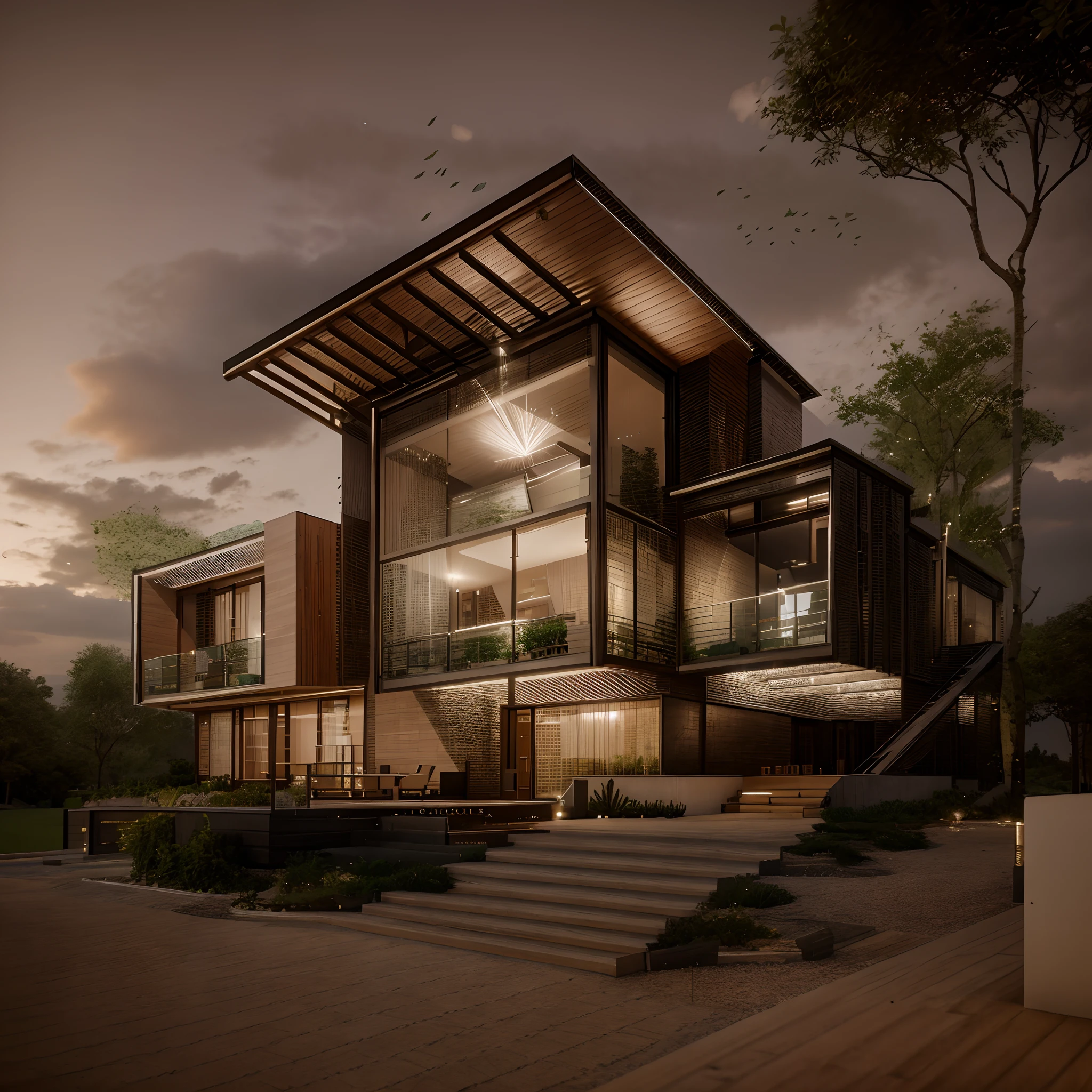 A modern construction for a house in a luxury condominium, Contemporary architecture The look is beautiful with supporting pillars, Acabamento Brisa, Wooded area with trees behind the building, ultra realistic, detalhes intrincados, cinematic lights, 8k