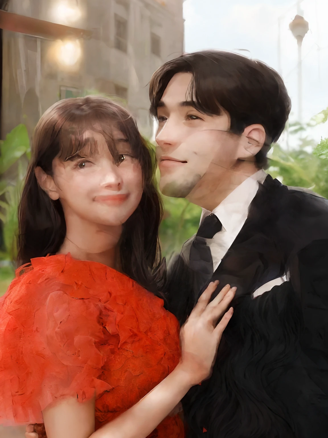 There is a man and a woman together in front of a building, Thomas Anthony e Malika Favre, both smiling for the camera, casal sorridente, imagem de perfil, Tyler Edlin e Natasha Tan, 😭 🤮 💕 🎀, testa alta, Retrato de duas pessoas, Malika Favre, caio santos