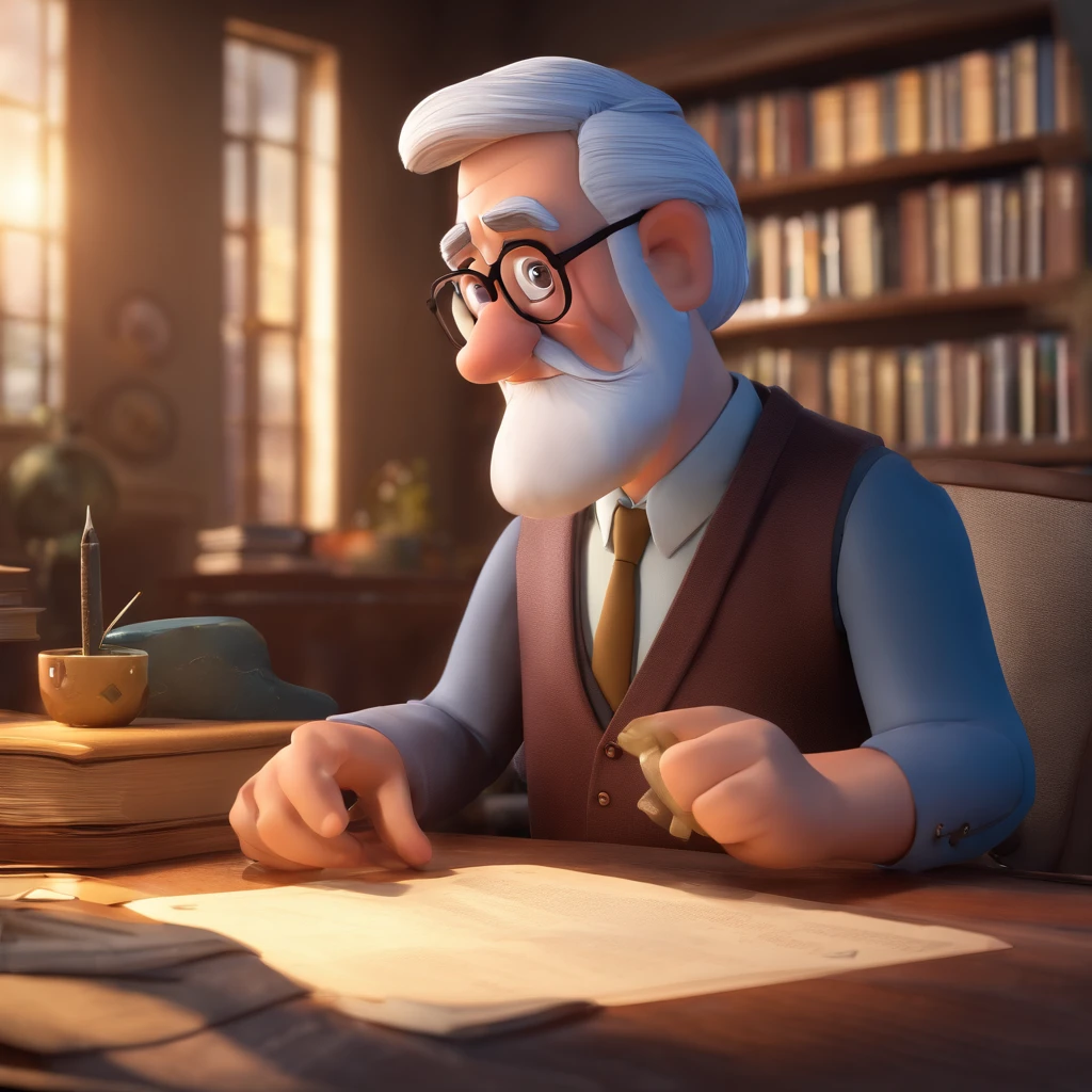 Crie um cartaz inspirado na Disney Pixar com o personagem sendo o pastor Rubens Janier, A gray-haired man wearing glasses, in an office with a Bible on the table, Looking forward and serious