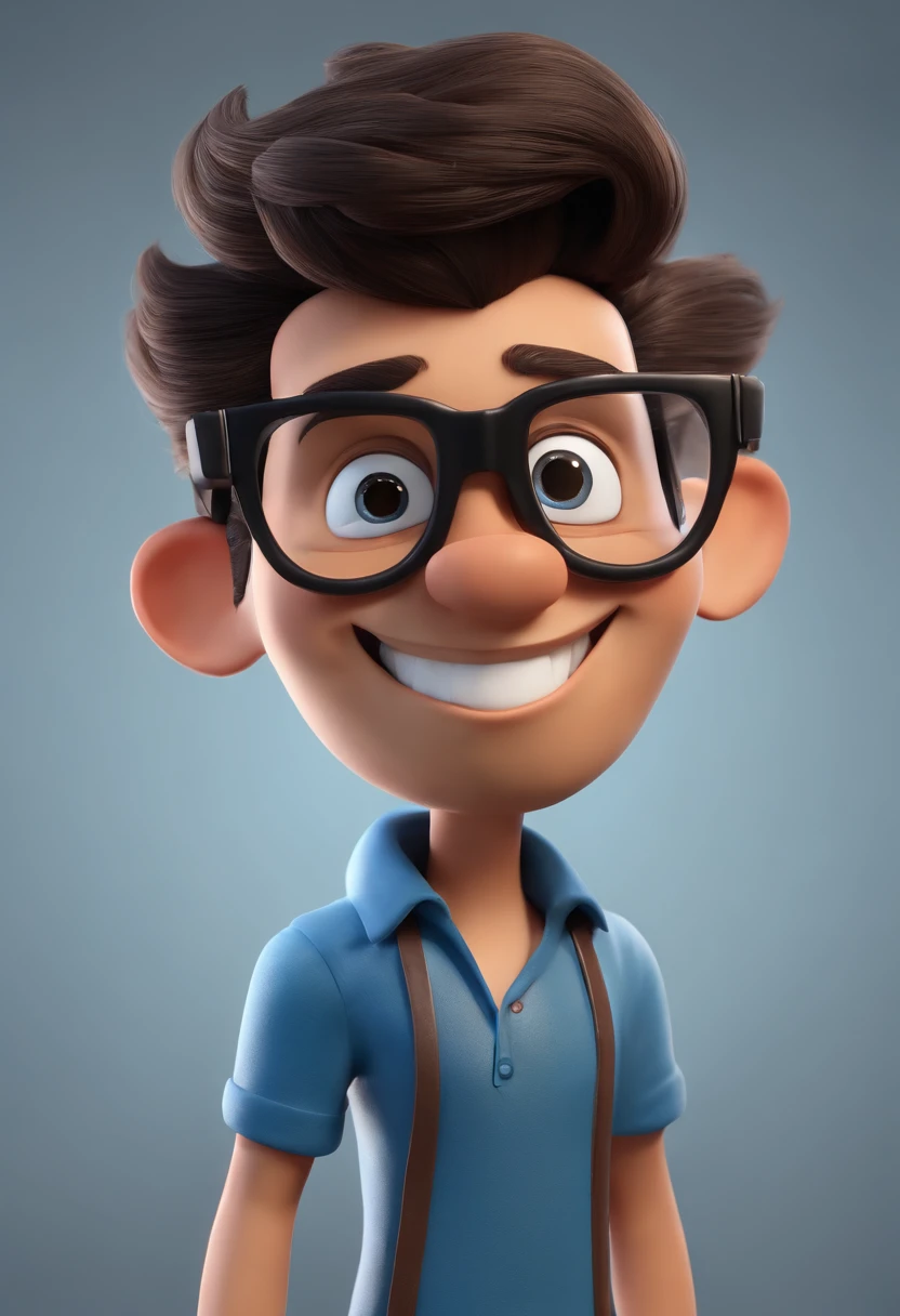 Cartoon character of a man with black glasses, cabelo cacheado marrom escuro e uma camisa azul, animation character, Caractere estilizado, animation style rendering, 3D estilizado, Arnold Maya render, 3 d render stylized, toon render keyshot, Personagem 3D, Personagem 3D, 3d rendering stylized, 3 d character render, personagem de desenho animado, Personagem de close up, Pose de personagem, (Estilo Pixar) (master part:1.2) (Bokeh) (best quality) (pele detalhada) (textura detalhada) (8k) (argila) (Cinematic lighting) (foco nítido