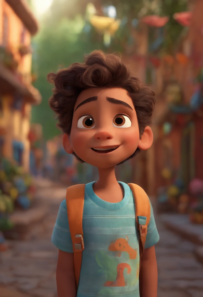 Image of a boy for a story in a YouTube video in Pixar format, He's the little allabester, He's the class leader, He's outgoing, Playful and gets up for a lot of things, cabelo curto