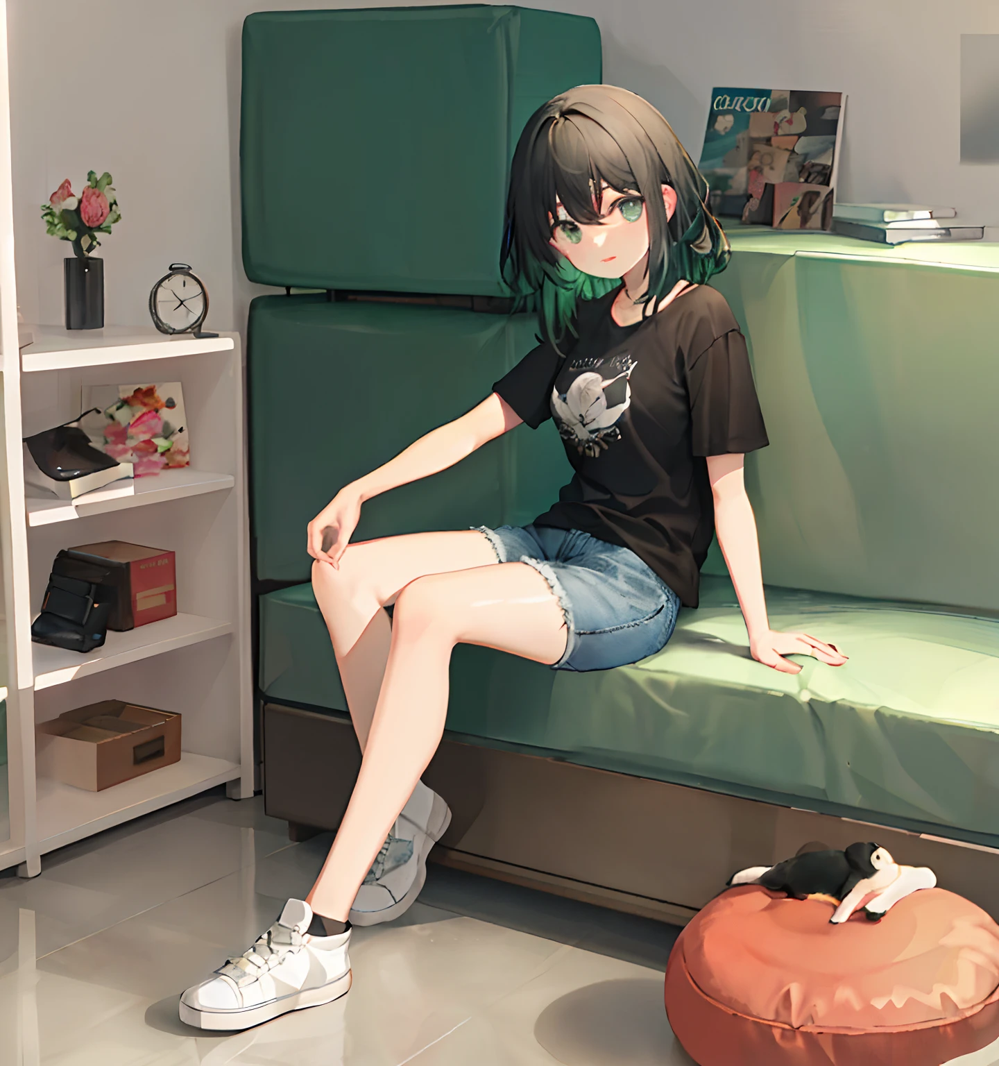 Uma mulher, gorda , cabelos castanhos escuro preso com uma caneta, Dark green eyes in jeans and black t shirt