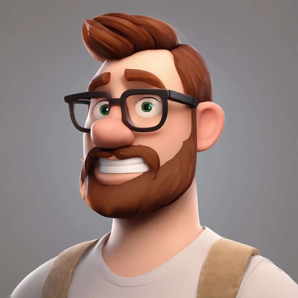 Make a Pixar-style character. He is a 30-year-old man, with a beard, white, with short brown hair and a quiff, and brown eyes. He must be in front of a computer, working as a designer
