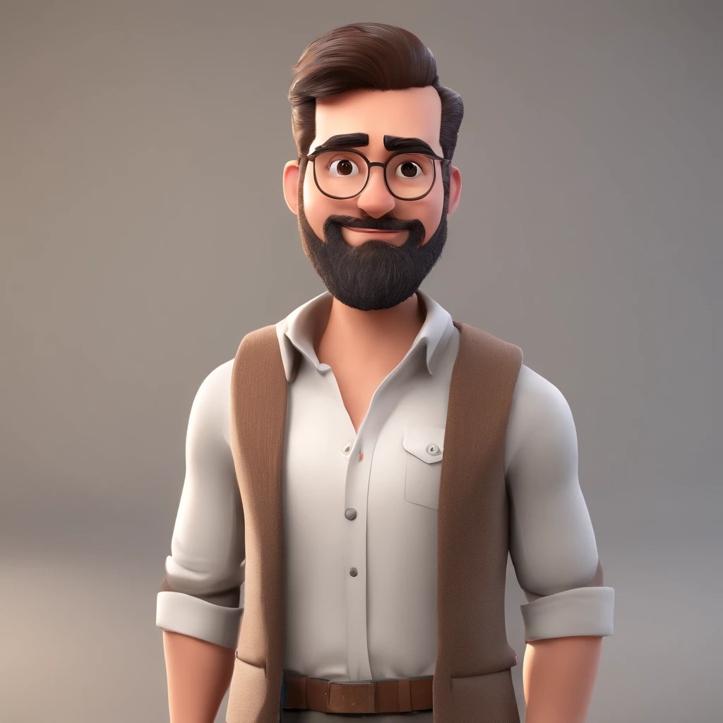 Make a Pixar-style character. He is a 30-year-old man, with a beard, white, with short brown hair and a quiff, and brown eyes. He must be in front of a computer, working as a designer
