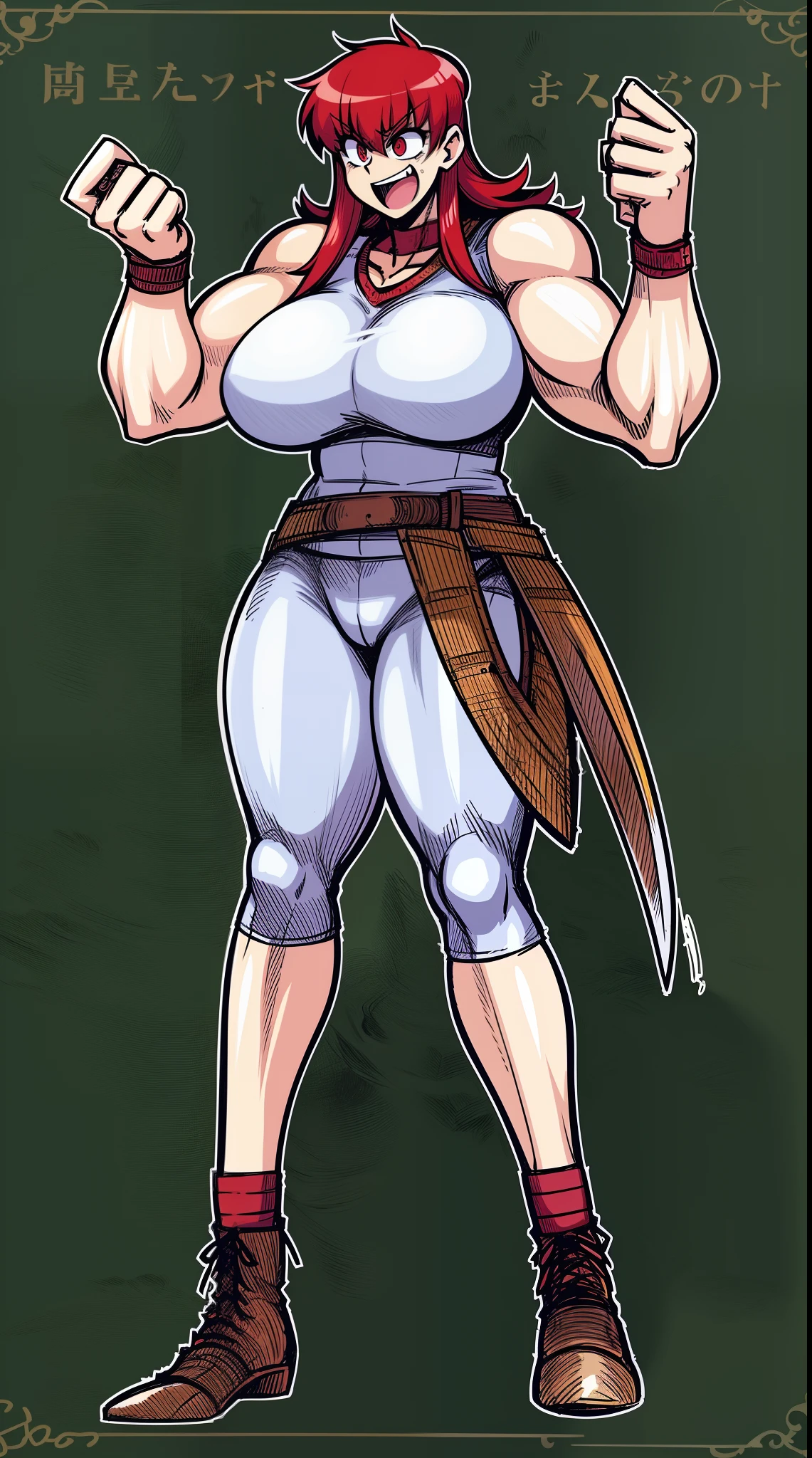 tomboy, warrior, berserker, tall female, muscular female, living hair, sauvage,, medieval clothing, fantasy, fantasy weapon, huge breasts, barbarian pants, , combat boots, armor, red hair, crazy smile, open mouth, biceps, necktie, thick arms,pullover, solo focus, long hair, , crazy smile