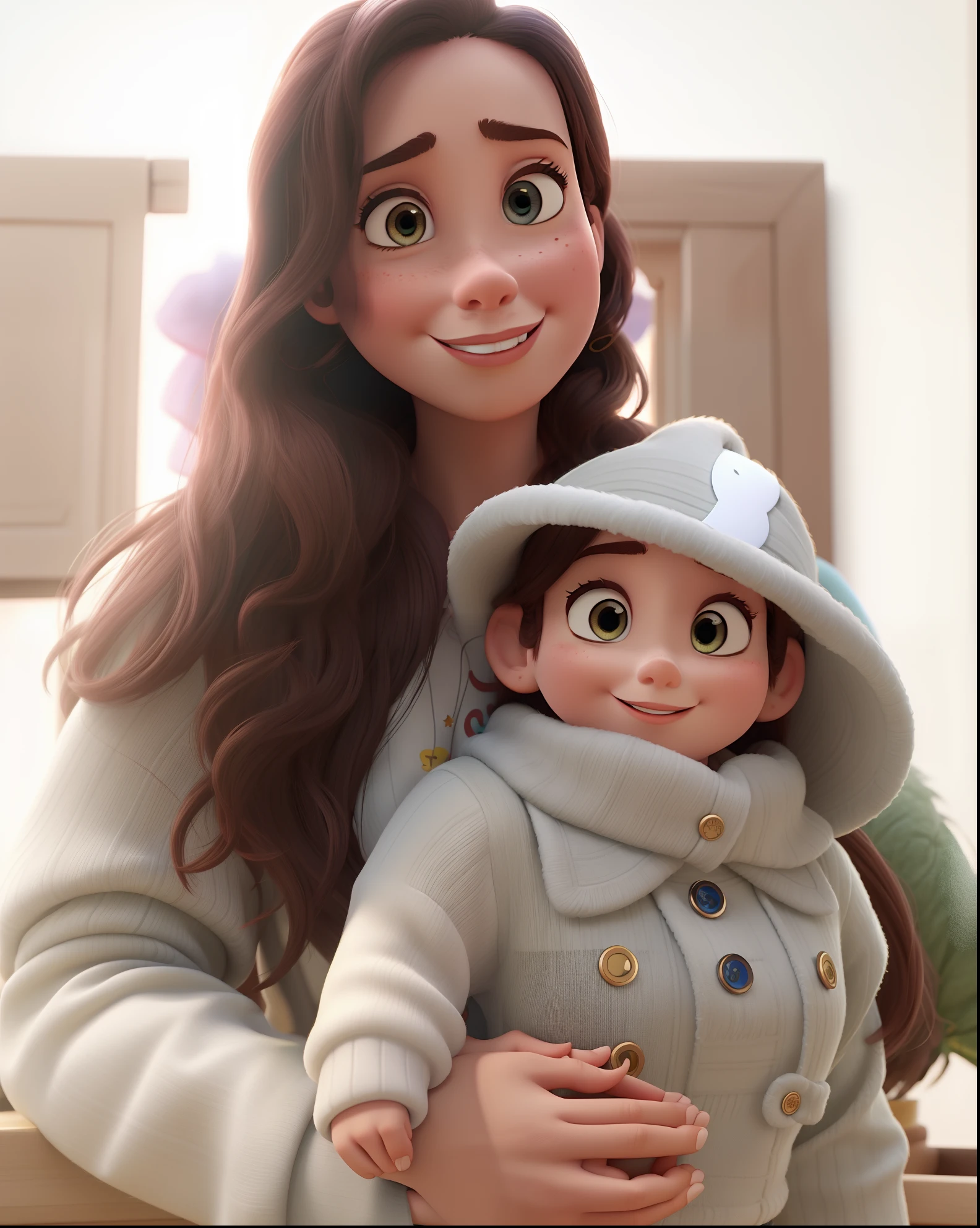 A mother happily posing for photo with her light-haired daughter disney pixar style, alta qualidade, melhor qualidade
