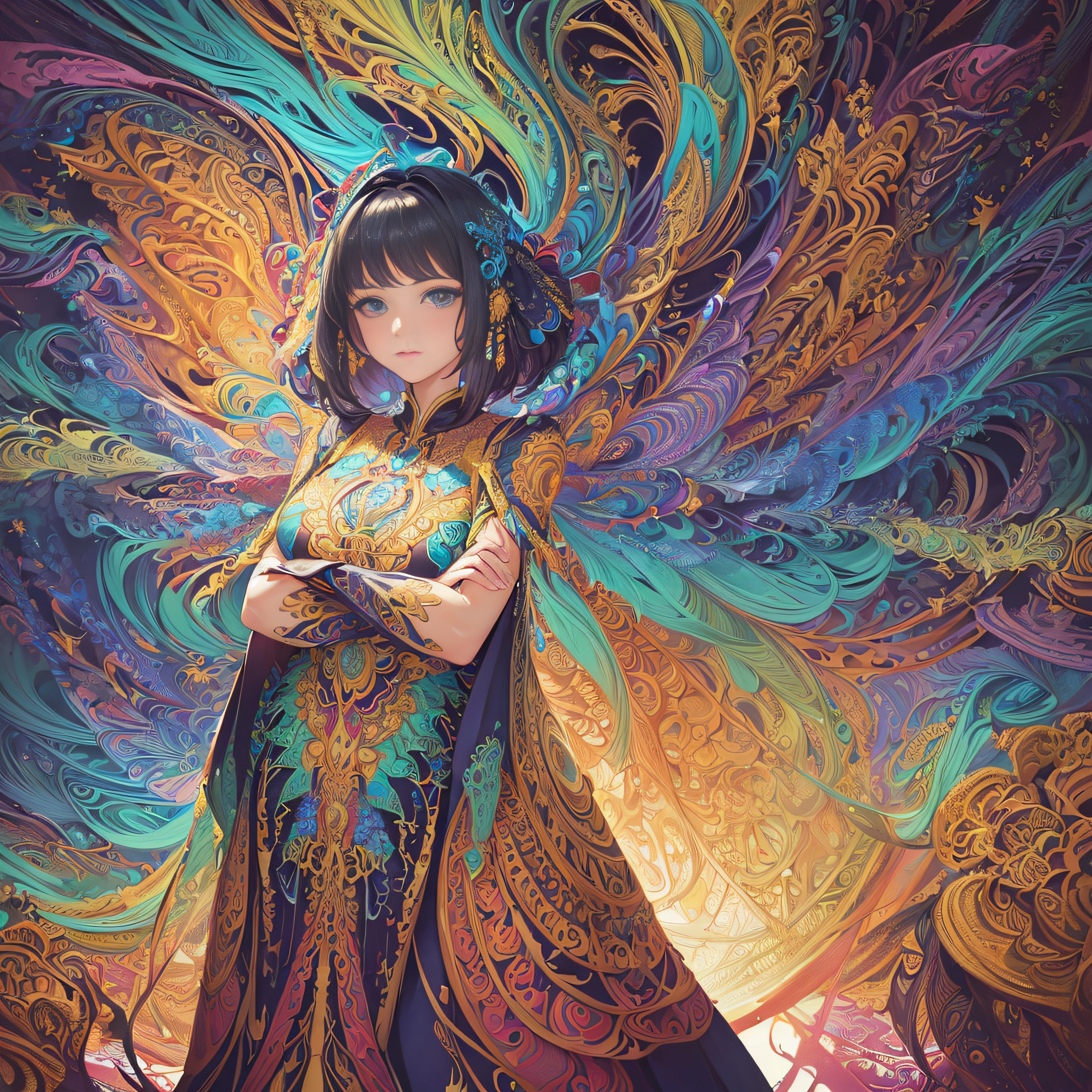 (masterpiece, top quality, best quality, official art, beautiful and aesthetic:1.2), (1girl:1.3), extremely detailed,(fractal art:1.2),colorful,highest detailed,(zentangle:1.2), (dynamic pose), (abstract background:1.5), (treditional dress:1.2), (shiny skin), (many colors:1.4), upper body --auto