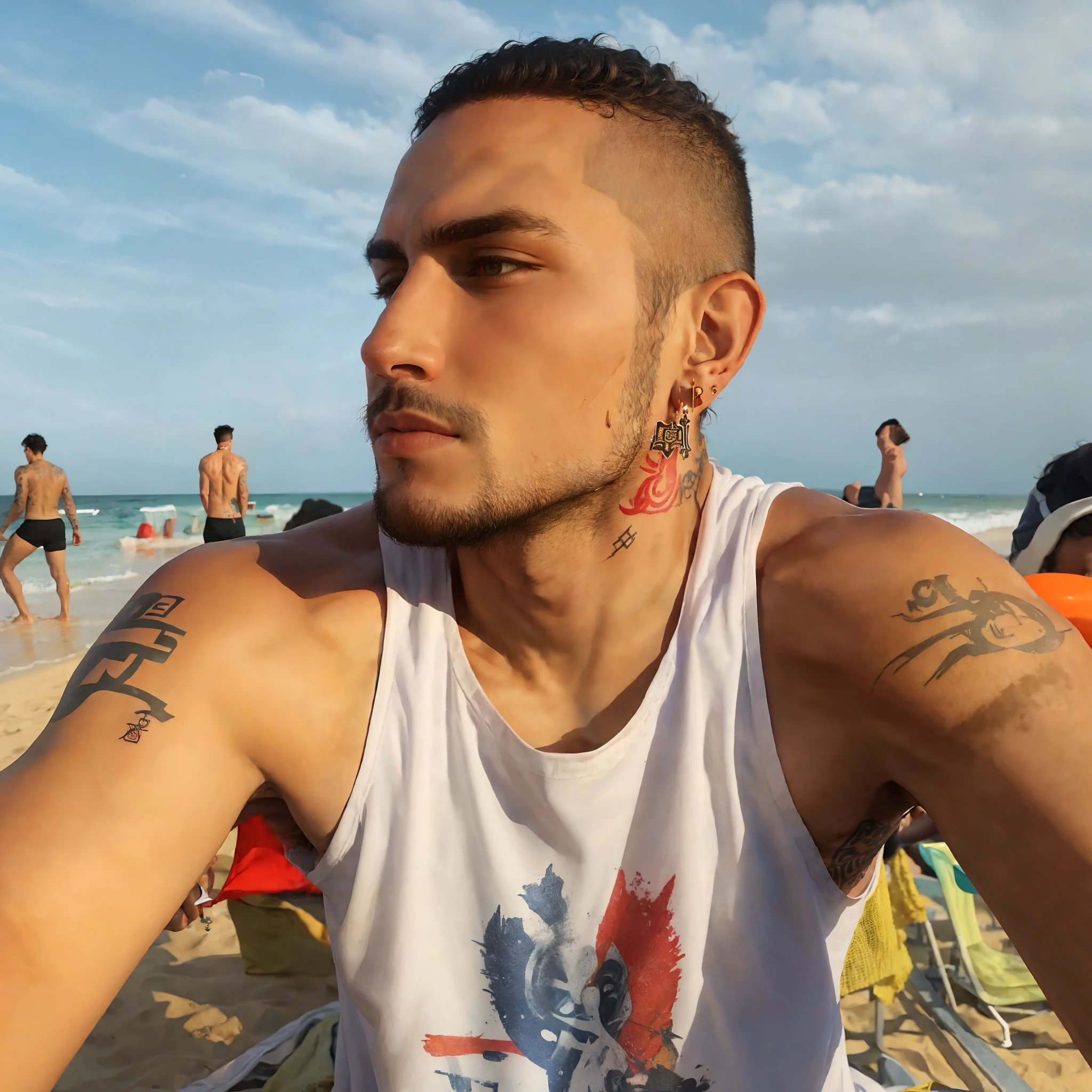 Ha um homem sentado em uma cadeira na praia, He has a tattoo on his arm and a cross earring on his left ear