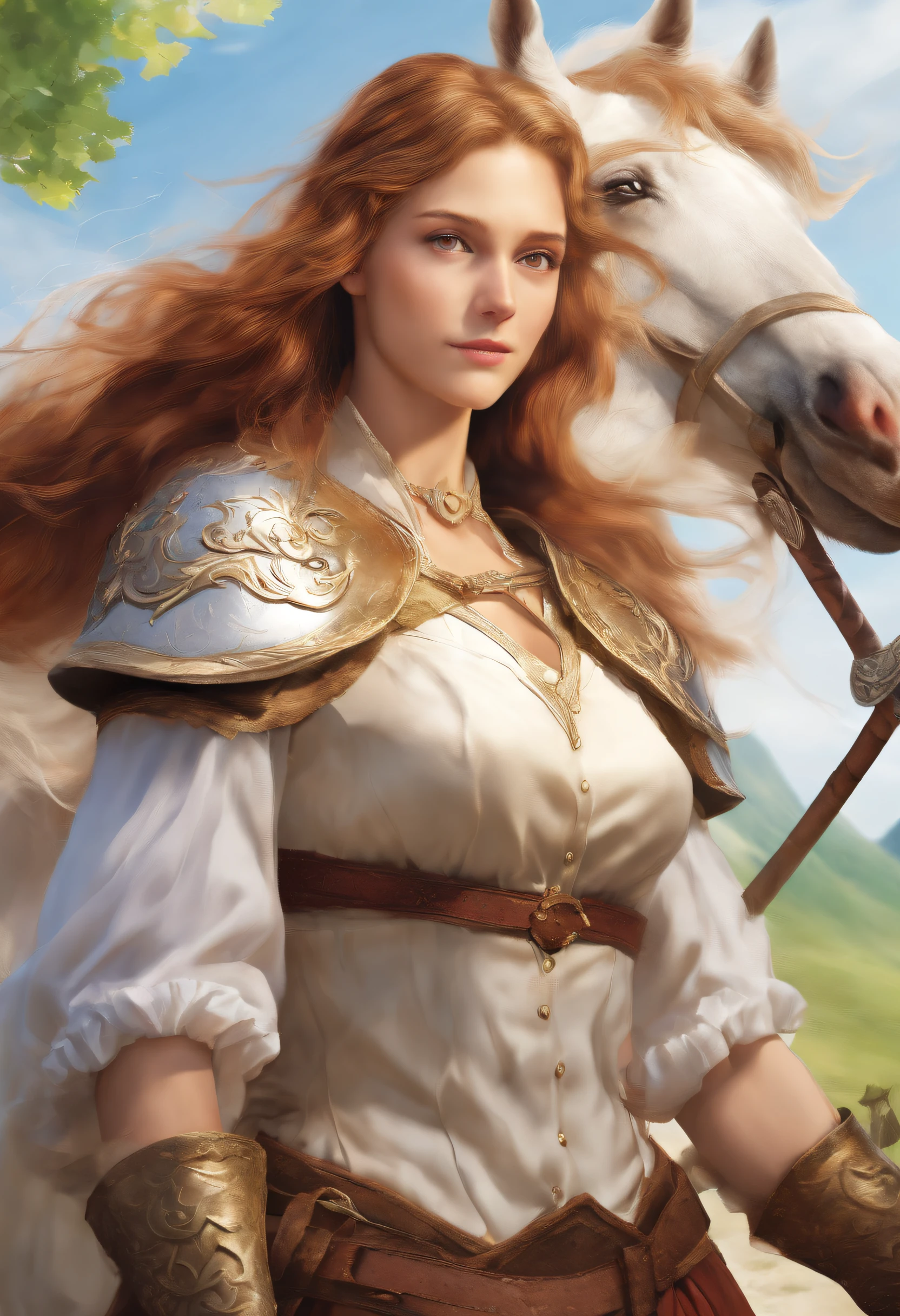 (fantasy movie poster: 1.5), Arafed, fantasy art, named The White Knight,(movie poster: 1.5), RPG art, a beautiful  woman knight ridong a white horse, armed with a sword, wearing heavy armor LnF, Ultra-Wide Angle, high detail, award winning, best quality, HD, 16K, rendering, high details, best quality, highres, ultra wide angle, 3D rendering, [[anatomically correct]]