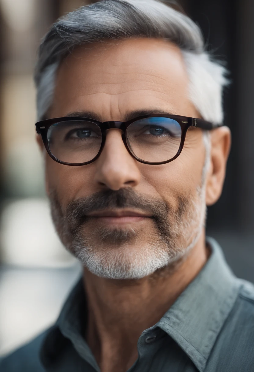 45-year-old man with gray hair wearing prescription glasses