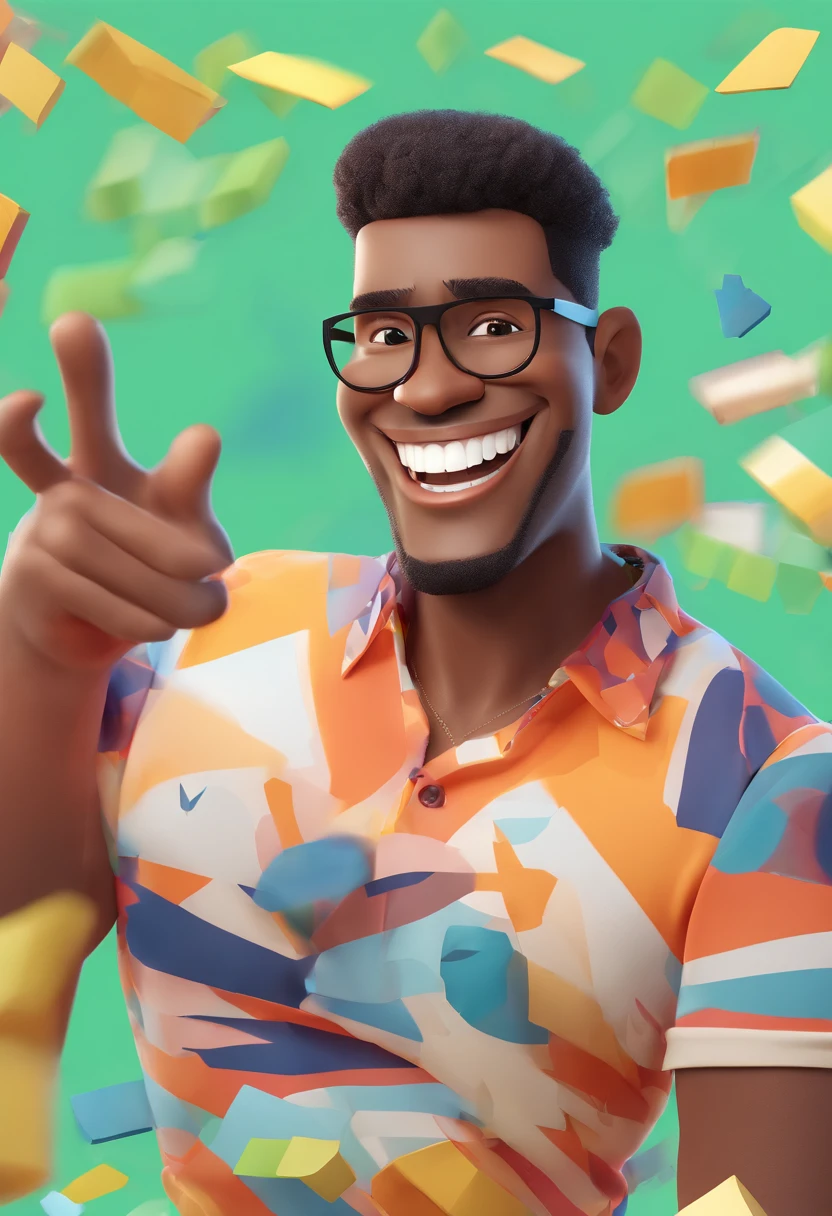 Smiling Man Illustration, sorriso insano, Homem afro americano  de pele marrom com um sorriso gigante, happily smiling at the camera, sorriso atrevido, he's smiling, sorriso muito grande, Macho sorridente, foto de perfil headshot, rindo sorriso enorme, desenhando no estilo de Arte 3D, c4d, fundo de cor branco puro, estilo disney, estilo pixar render ilustracao Super Detalhe, 8k