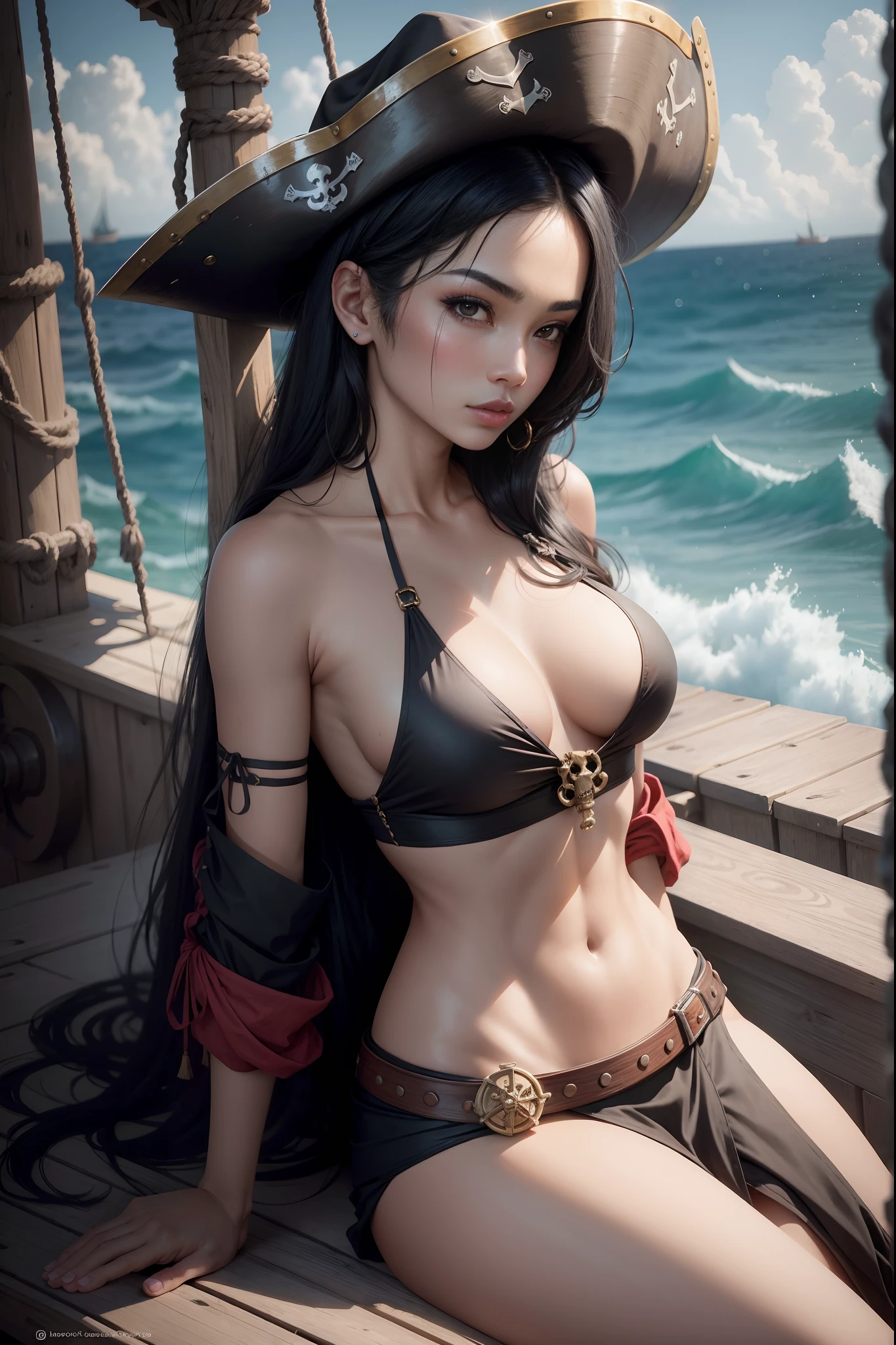 Gorgeous pirate girl on a pirate ship at sea, Asian girl, long straight black hair, oily skin, sexy masterpiece, best quality, highest quality, high definition, highly detailed, 8K, athletic and fit body, naughty, perfect hands, detailed hands, perfect eyes, detailed eyes, flirty, sexy, realistic, HDR, UHD, dynamic, large boobs, cleavage