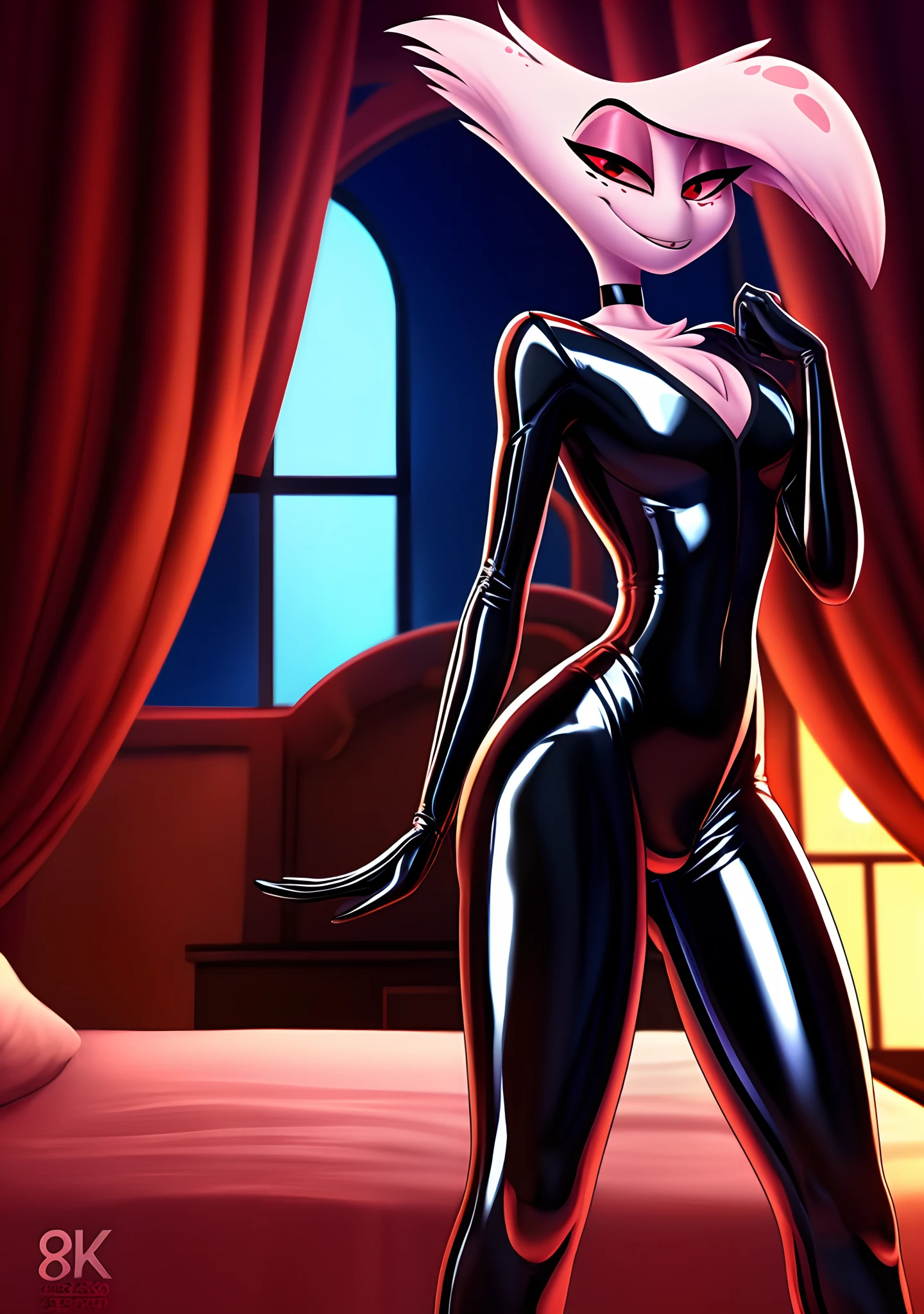 , ((masterpiece)), ((8k quality)), (no watermark), Angel Dust, male, mouth closed, red eyes, detailed bedroom, standing, seductive pose, (solo:1.4), sleek, shiny black latex suit