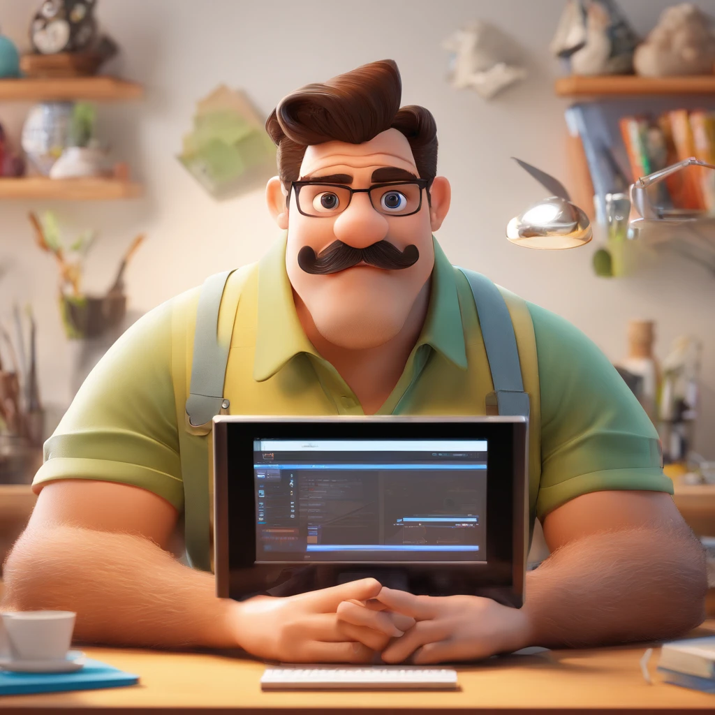 Criar um personagem no estilo Pixar. Trata-se de um homem de 30 anos, com barba, Branco, com cabelos castanhos curtos e um quiff, e olhos castanhos. Ele deve estar na frente de um computador, Trabalhar como designer