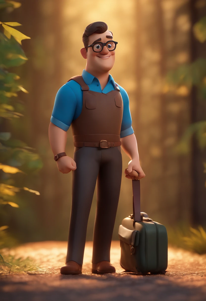 Cartoon character of a man with black glasses, cabelo cacheado marrom escuro e uma camisa azul, animation character, Caractere estilizado, animation style rendering, 3D estilizado, Arnold Maya render, 3 d render stylized, toon render keyshot, Personagem 3D, Personagem 3D, 3d rendering stylized, 3 d character render, personagem de desenho animado, Personagem de close up, Pose de personagem,  (Estilo Pixar) (master part:1.2) (Bokeh) (best quality) (pele detalhada) (textura detalhada) (8k) (argila) (Cinematic lighting) (foco nítido