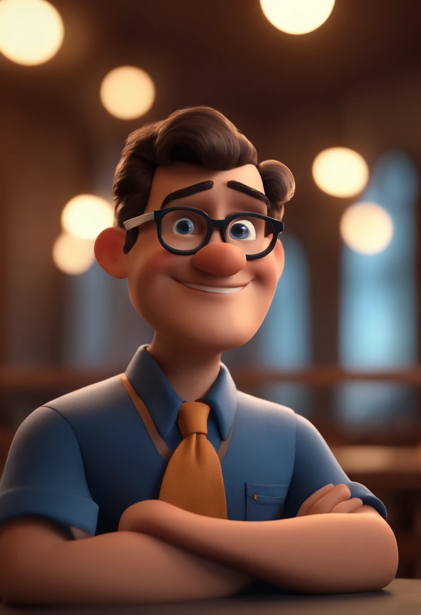 Cartoon character of a man with black glasses and a blue shirt, animation character, Caractere estilizado, animation style rendering, 3D estilizado, Arnold Maya render, 3 d render stylized, toon render keyshot, Personagem 3D, Personagem 3D, 3d rendering stylized, 3 d character render, personagem de desenho animado, Personagem de close up, Pose de personagem, (Estilo Pixar) (master part:1.2) (Bokeh) (best quality) (pele detalhada) (textura detalhada) (8k) (argila) (Cinematic lighting) (foco nítido