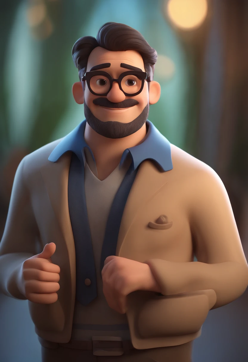 Cartoon character of a man wearing black glasses and a blue shirt, um personagem animado, Caractere estilizado, animation style rendering, 3D estilizado, Arnold Maya render, 3 d render stylized, toon render keyshot, Personagem 3D, Personagem 3D, 3d rendering stylized, 3 d character render, personagem de desenho animado, Personagem de close up, Pose de personagem, (Estilo Pixar) (master part:1.2) (Bokeh) (best quality) (pele detalhada) (textura detalhada) (8k) (argila) (Cinematic lighting) (foco nítido,Senta e vaza a parte superior do corpo
