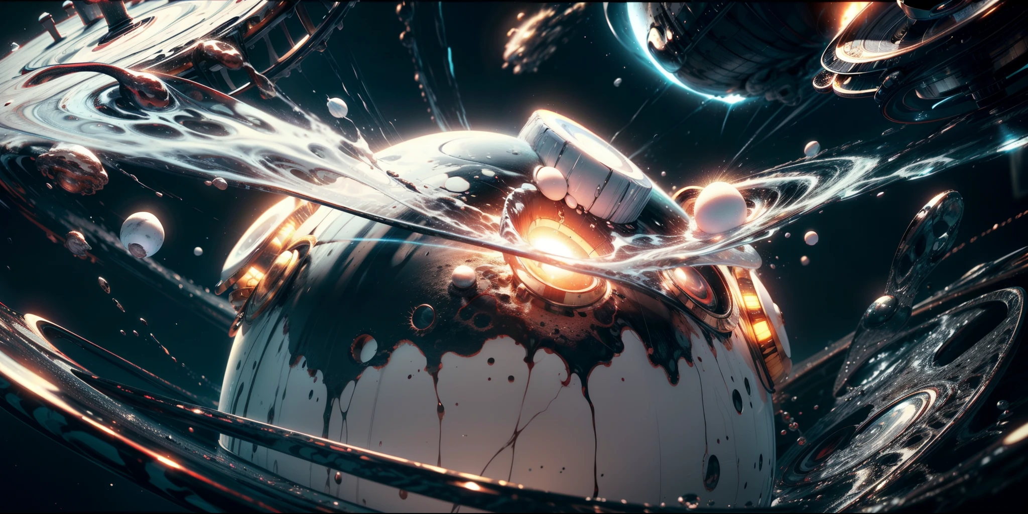 a close up of a white object on a black surface, planet with rings, fluid simulation in houdini, rendered in houdini, 3d rendered in octane, 3 d rendered in octane, 3 d fluid simulation render, intricate artwork. octane render, rendered in cinema 4 d octane, super rendered in octane render, rendered in redshift