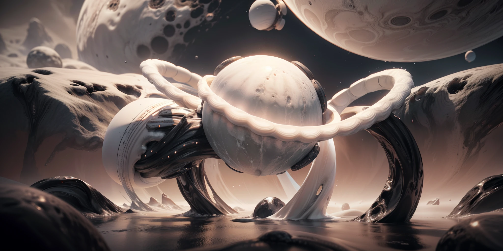 a close up of a white object on a black surface, planet with rings, fluid simulation in houdini, rendered in houdini, 3d rendered in octane, 3 d rendered in octane, 3 d fluid simulation render, intricate artwork. octane render, rendered in cinema 4 d octane, super rendered in octane render, rendered in redshift