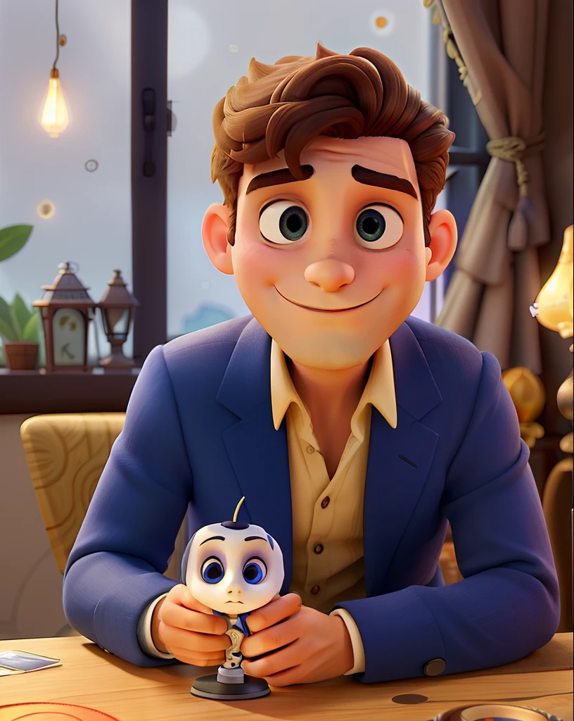 Um homem vestindo um terno como o do Jack skellington, veste uma capa de bruxo prata, Next to it is a small round table with a golden candlestick and in the background a window, cortinas cor de vinho, poses while looking at the camera sideways, cabelos pretos, rosto sem barba, rosto magro, In his hand a dark Zul umbrella, The sky that appears in the window is dark and starry