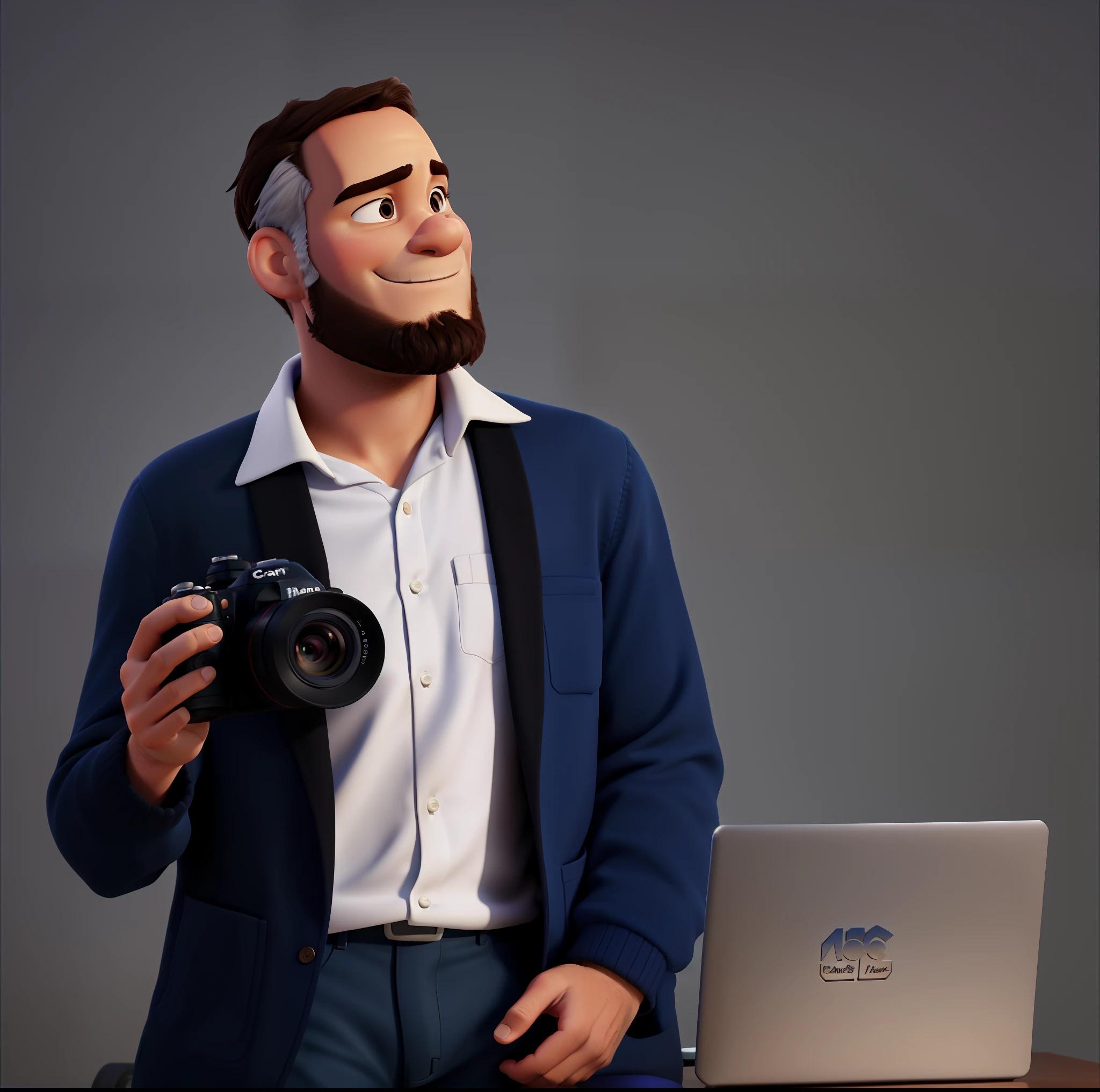 A man with a camera in his hand, disney pixar, qualidade alta,