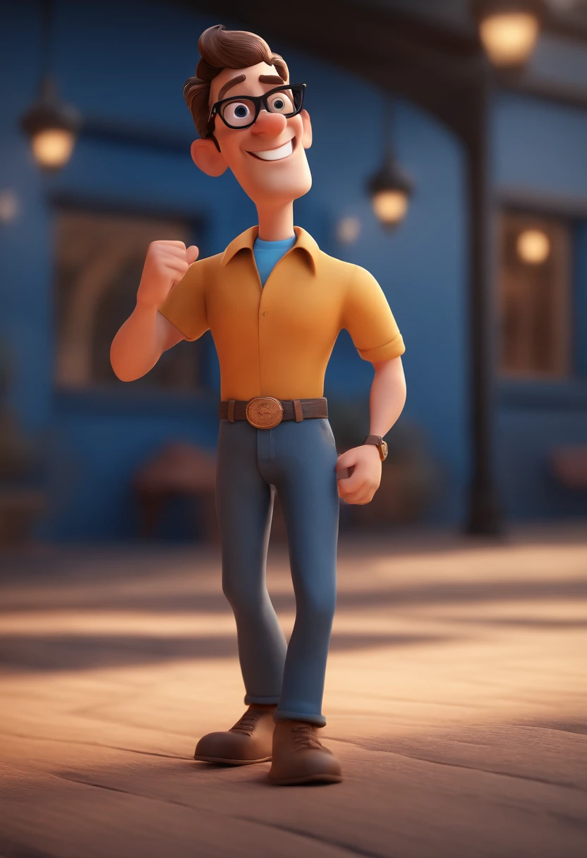 Cartoon character of a man with black glasses and a blue shirt, animation character, Caractere estilizado, animation style rendering, 3D estilizado, Arnold Maya render, 3 d render stylized, toon render keyshot, Personagem 3D, Personagem 3D, 3d rendering stylized, 3 d character render, personagem de desenho animado, Personagem de close up, Pose de personagem, (Estilo Pixar) (master part:1.2) (Bokeh) (best quality) (pele detalhada) (textura detalhada) (8k) (argila) (Cinematic lighting) (foco nítido
