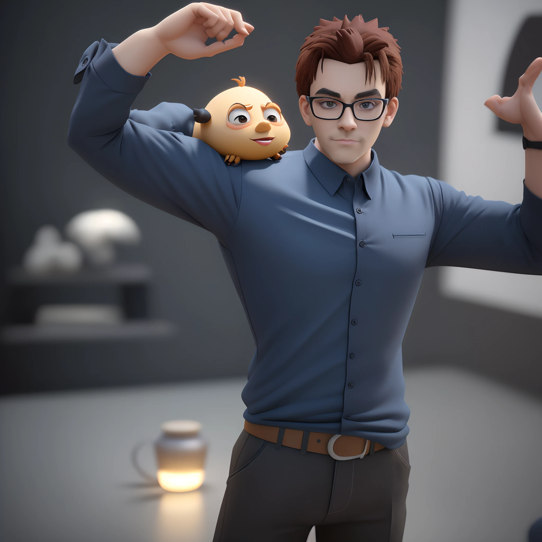 Cartoon character of a man wearing black glasses and a blue shirt, um personagem animado, Caractere estilizado, animation style rendering, 3D estilizado, Arnold Maya render, 3 d render stylized, toon render keyshot, Personagem 3D, Personagem 3D, 3d rendering stylized, 3 d character render, personagem de desenho animado, Personagem de close up, Pose de personagem, (Estilo Pixar) (master part:1.2) (Bokeh) (melhor qualidade) (pele detalhada) (textura detalhada) (8k) (argila) (Cinematic lighting) (foco nítido,Senta e vaza a parte superior do corpo
