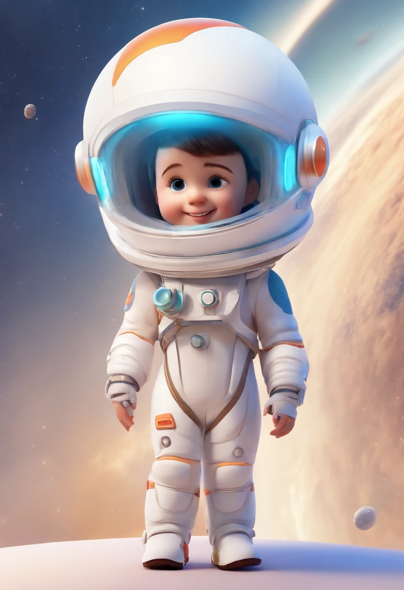 Pixar's style movie cover entitled "Thomas", at the center of the image a  boy, big eyes, curly and messy hair, white, using an astronaut space suit, the background is the stellar cosmic space