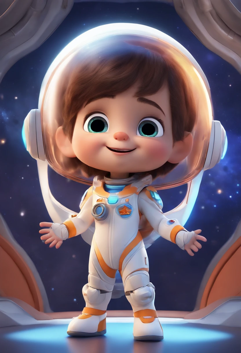(big eyes,precise facial expression,sweet smile),short astronaut costume,waving hand,sparkling stars,moon in the background,toy rocket in hand,cartoonish design,smooth shading,vibrant colors,playful atmosphere. 
(best quality,4k,8k,highres,masterpiece:1.2),ultra-detailed,
(realistic,photorealistic,photo-realistic:1.37),HDR,UHD,studio lighting,cute and childlike emotion,expressive gestures,and colorful composition.